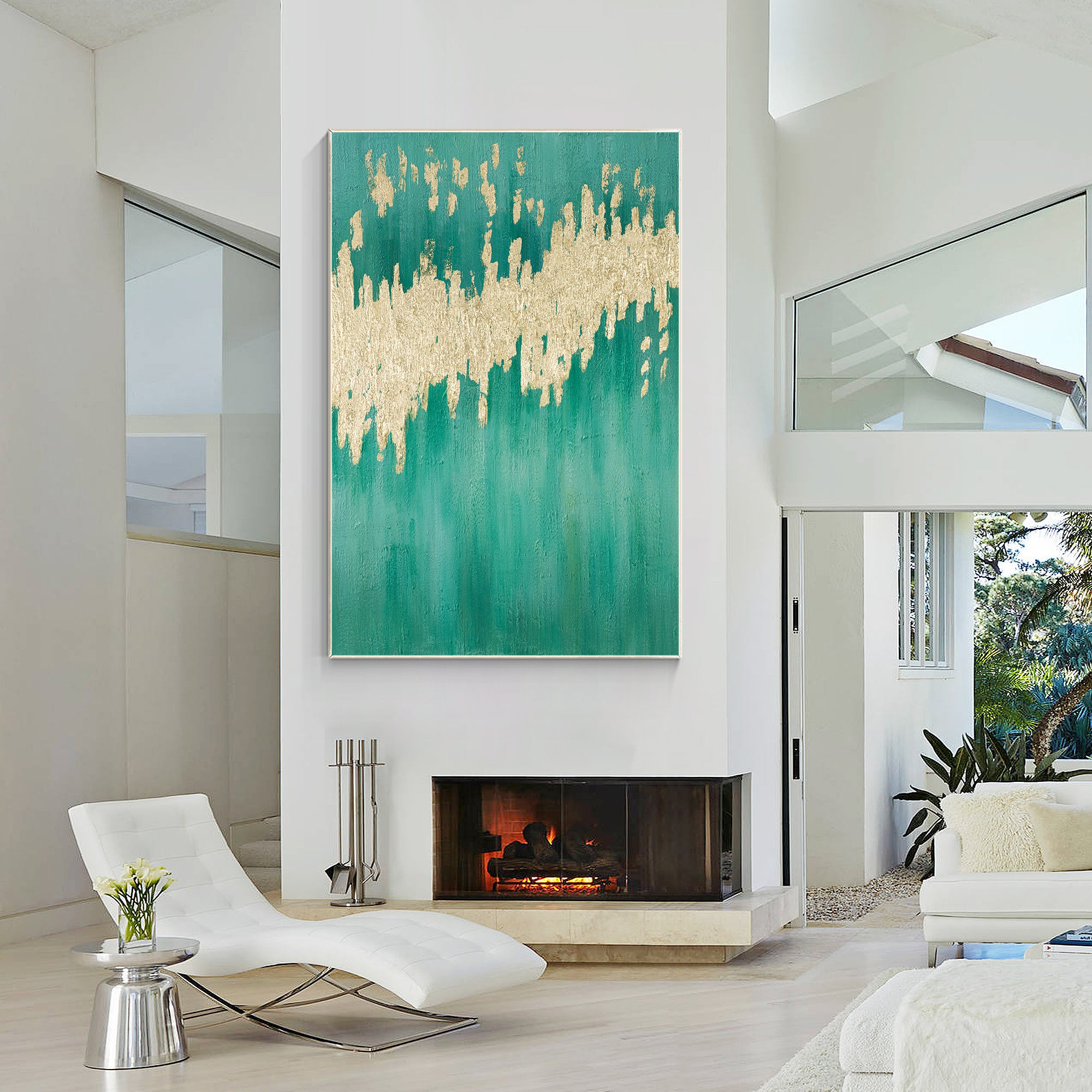 Teal and Gold Modern Abstract Oil Painting