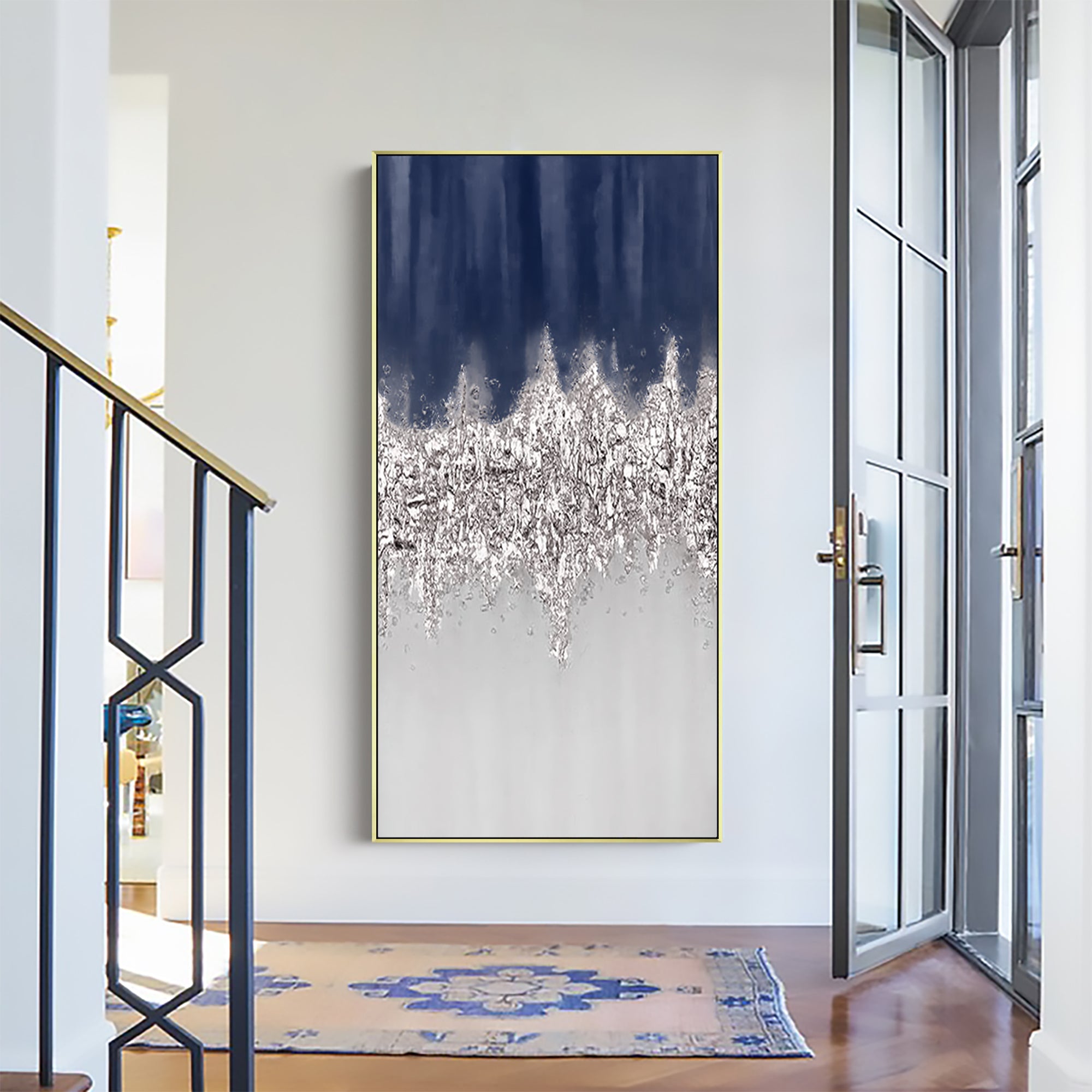 Navy Blue Silver Abstract Oil Painting