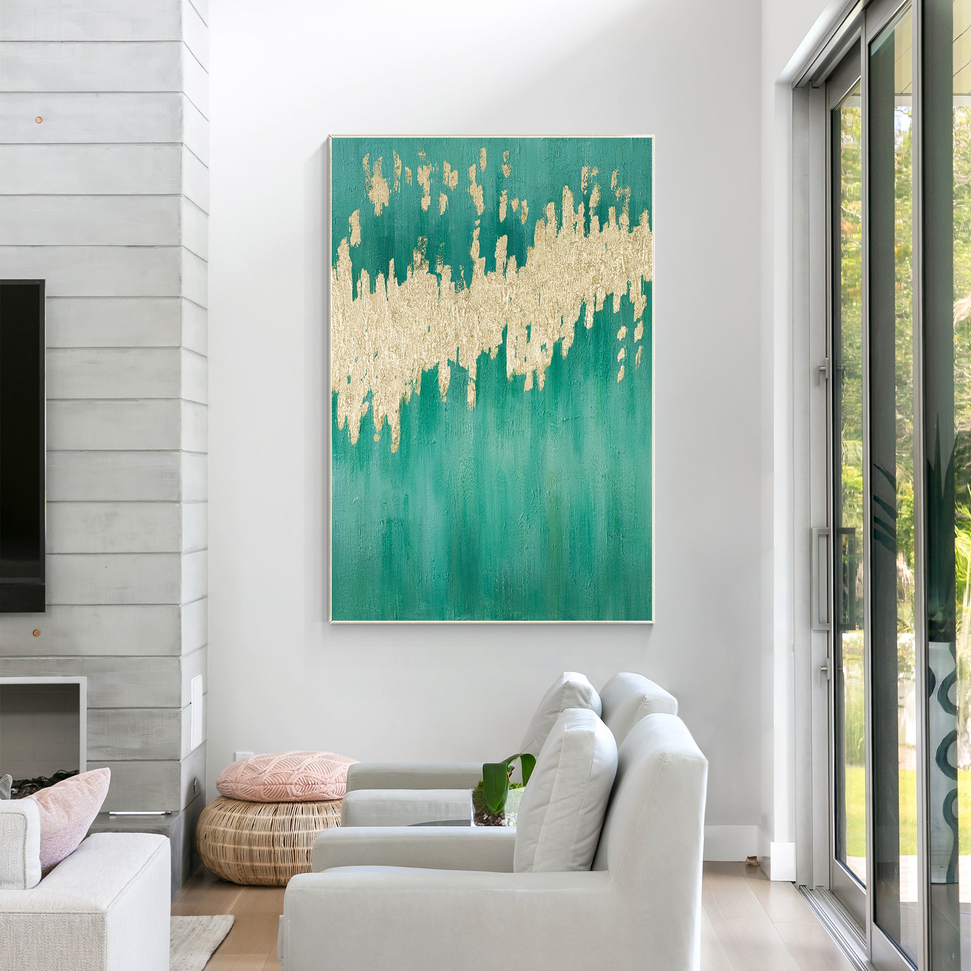 Teal and Gold Modern Abstract Oil Painting