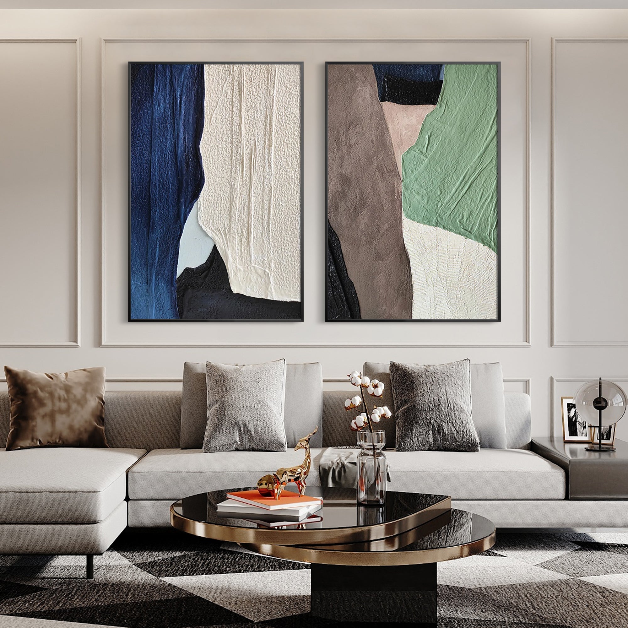 Minimalist 2 pieces Modern Abstract Oil Painting Framed