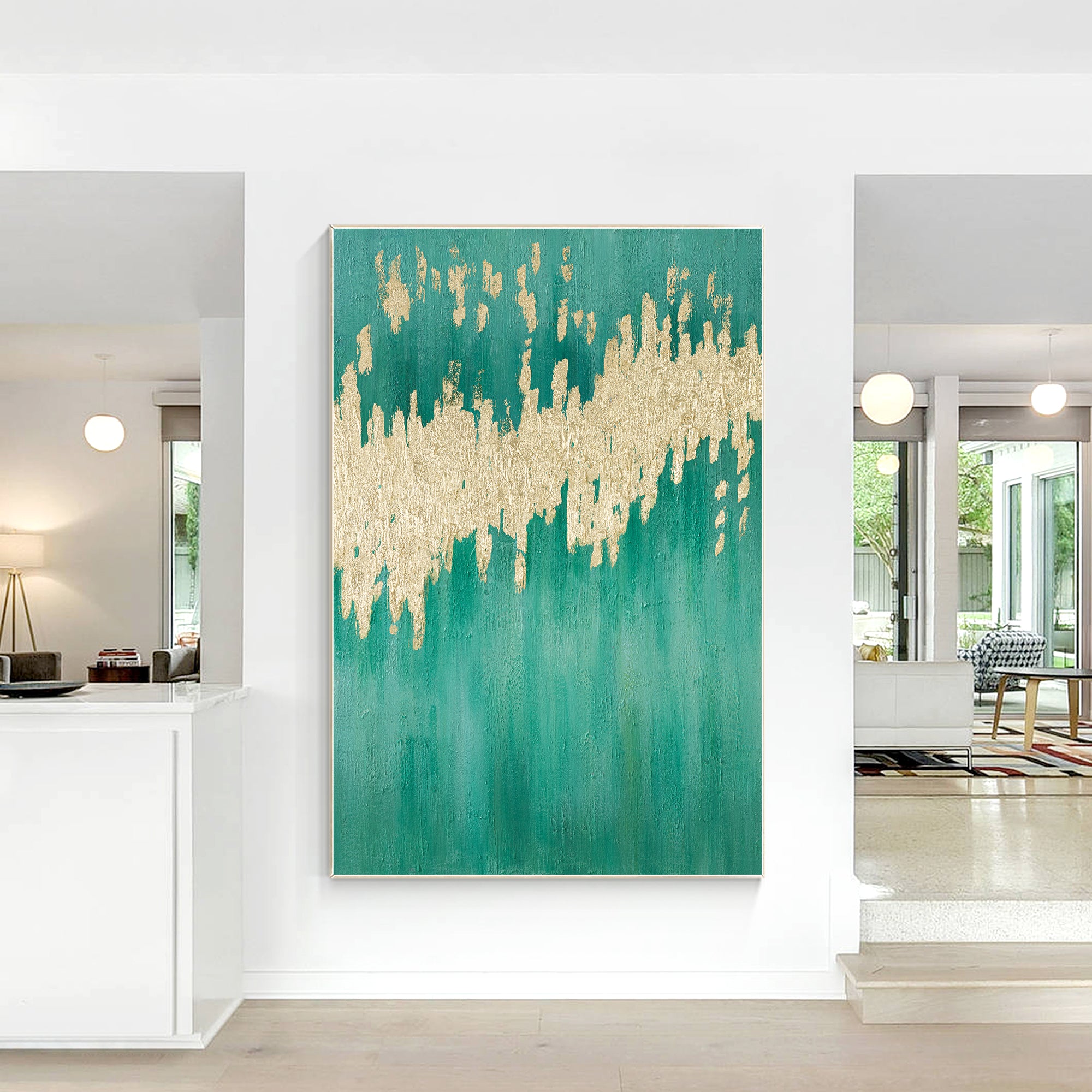 Teal and Gold Modern Abstract Oil Painting