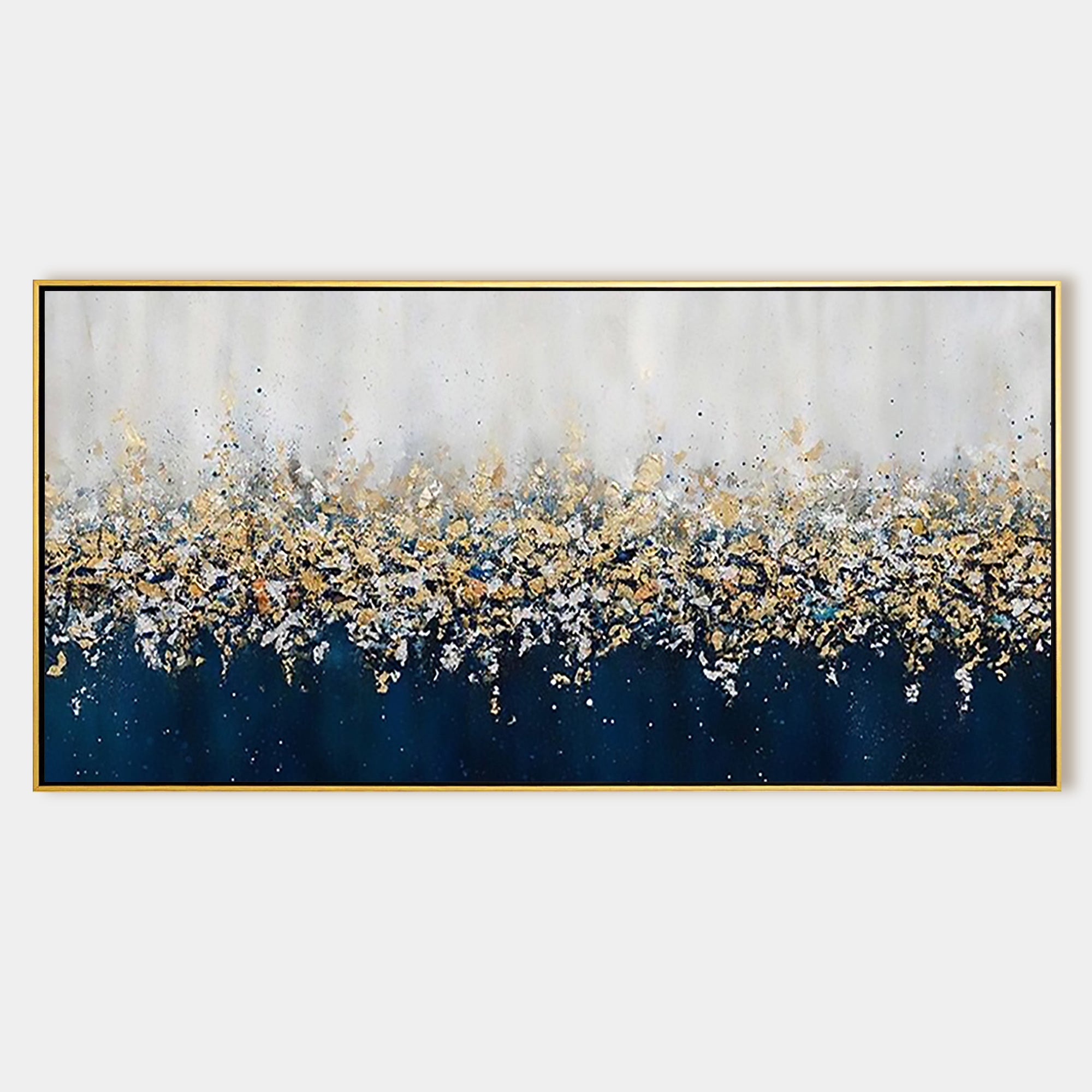 Navy Blue Abstract Oil Painting Gold Silver Wall Art