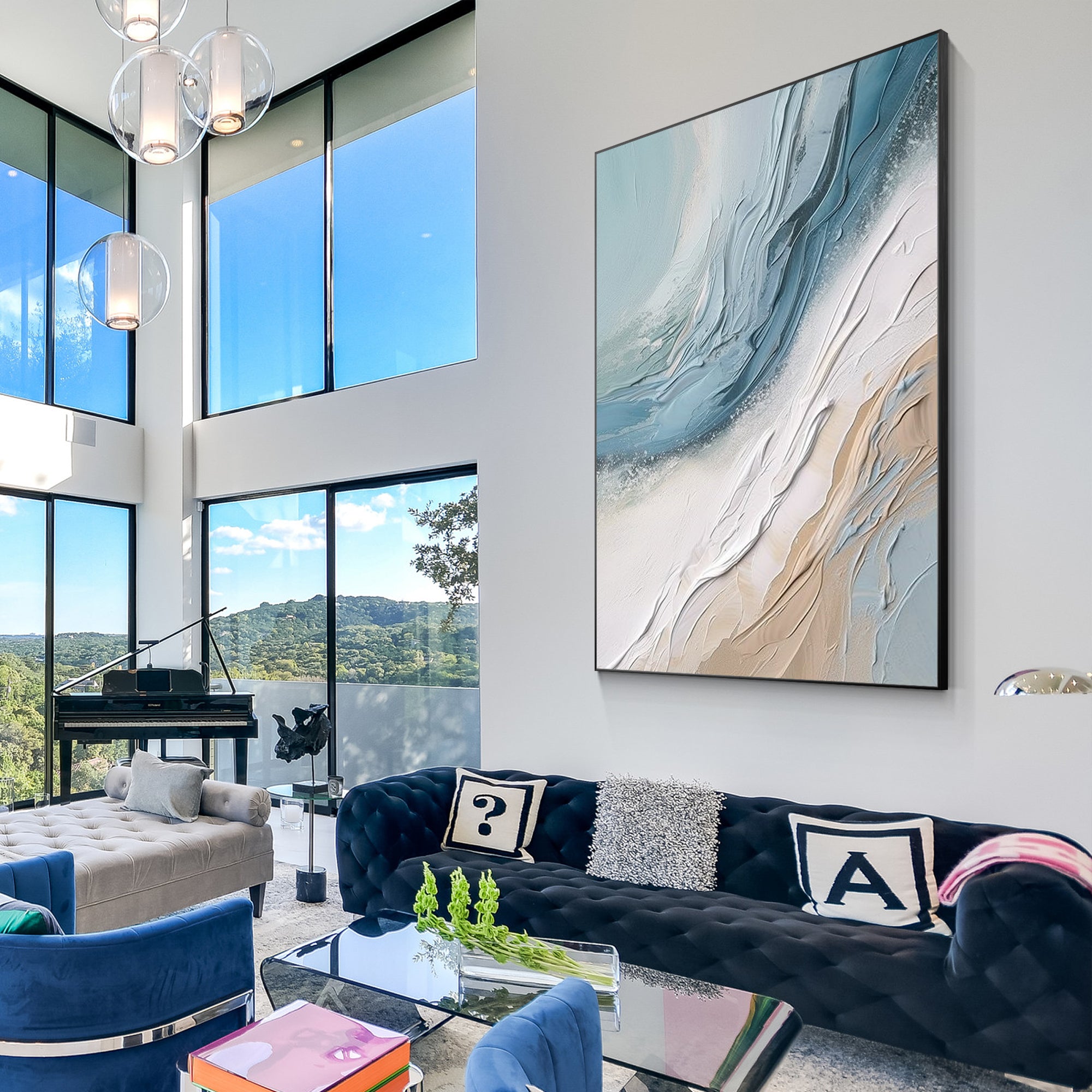 Cream white and blue abstract ocean painting on canvas with 3D textures. Features coastal sea waves, ideal for extra-large modern wall decor.