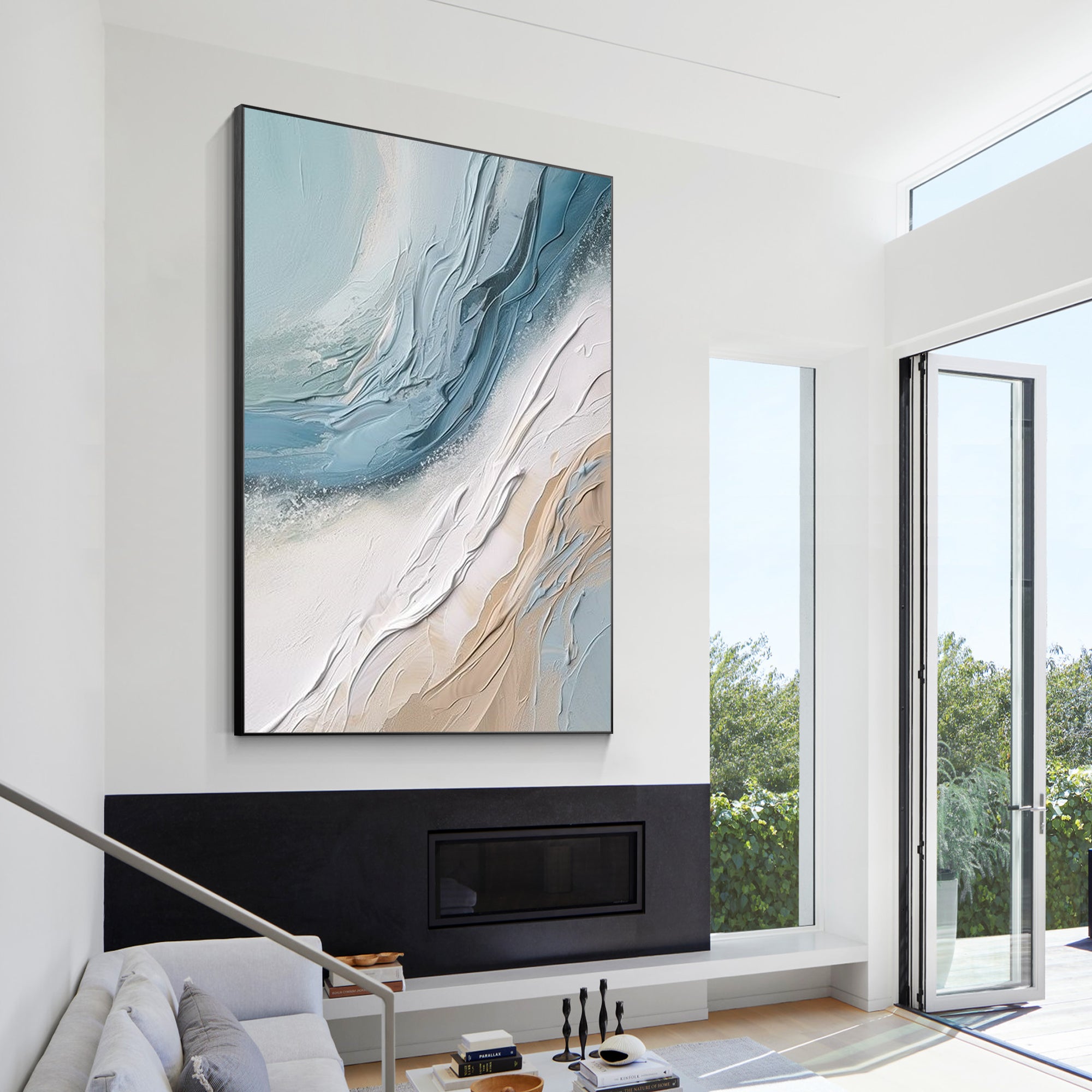 Cream white and blue abstract ocean painting on canvas with 3D textures. Features coastal sea waves, ideal for extra-large modern wall decor.