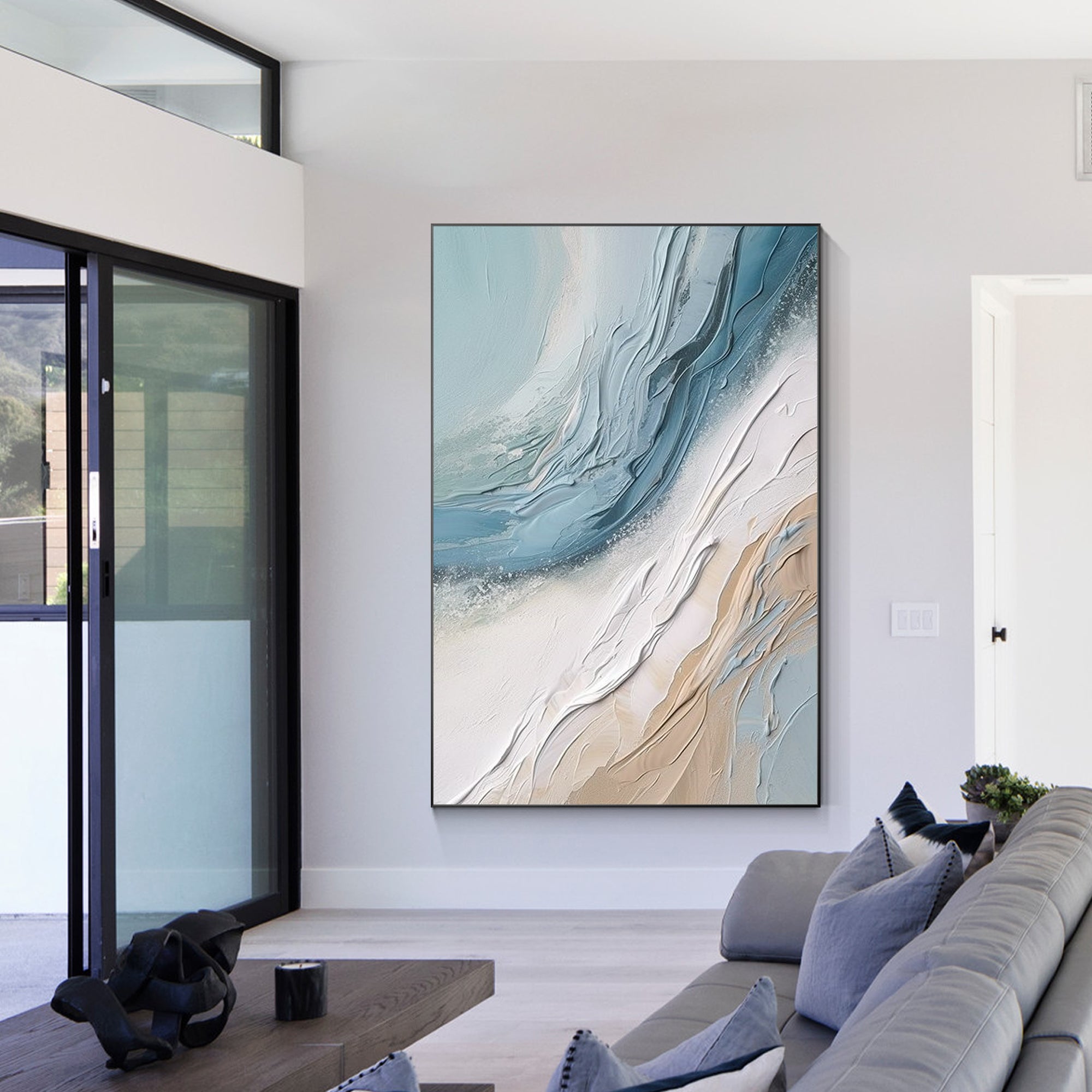 Cream white and blue abstract ocean painting on canvas with 3D textures. Features coastal sea waves, ideal for extra-large modern wall decor.