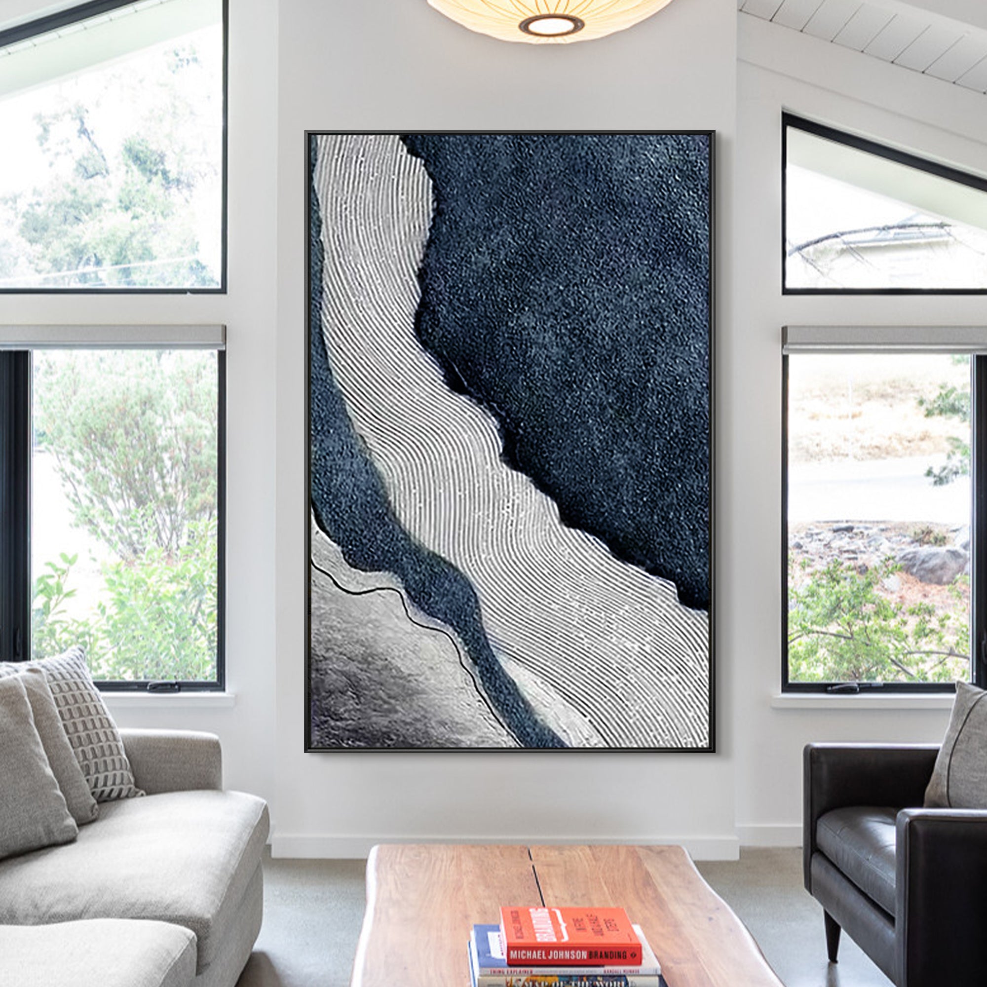 Original dark blue and gray textured ocean painting on canvas, abstract river art for large coastal wall decor in modern beach-themed homes.

