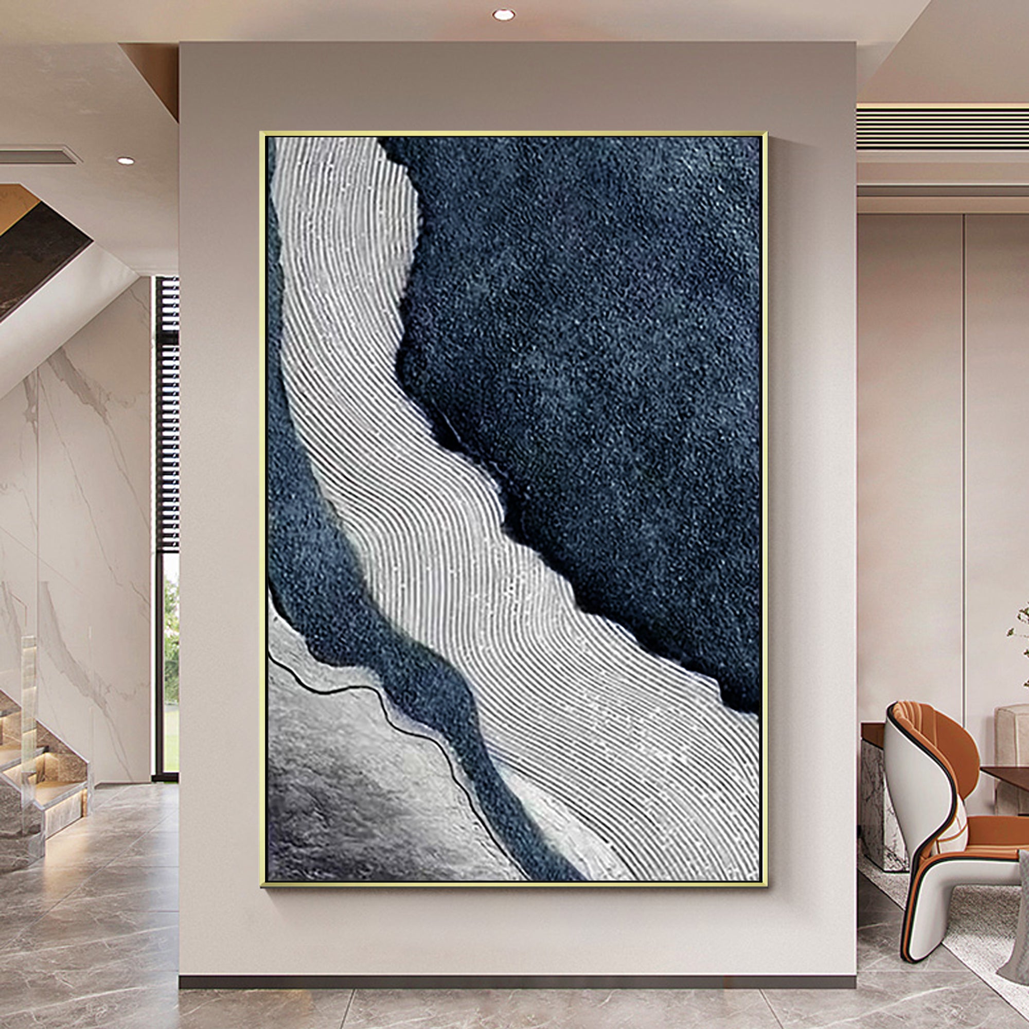 Original dark blue and gray textured ocean painting on canvas, abstract river art for large coastal wall decor in modern beach-themed homes.

