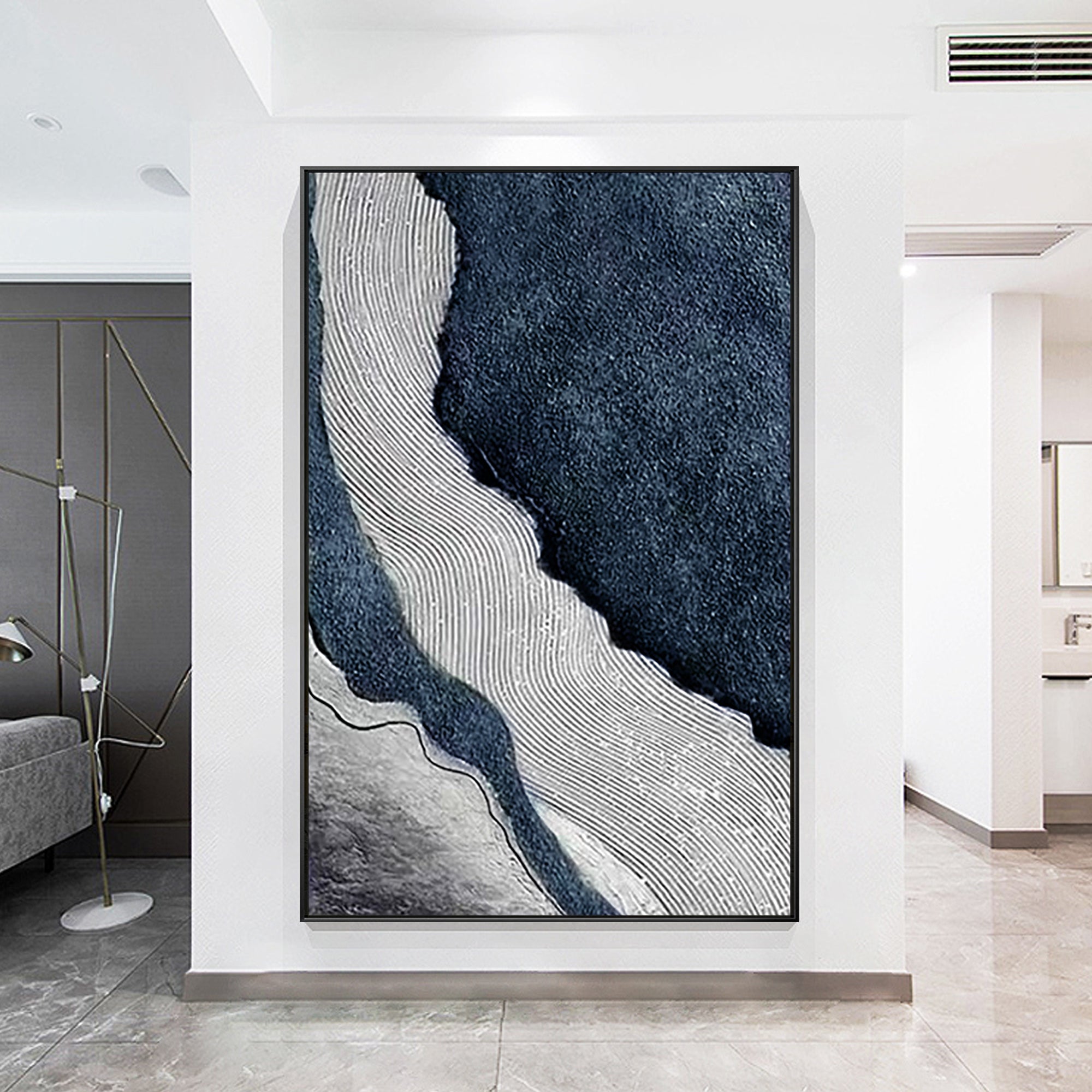 Original dark blue and gray textured ocean painting on canvas, abstract river art for large coastal wall decor in modern beach-themed homes.