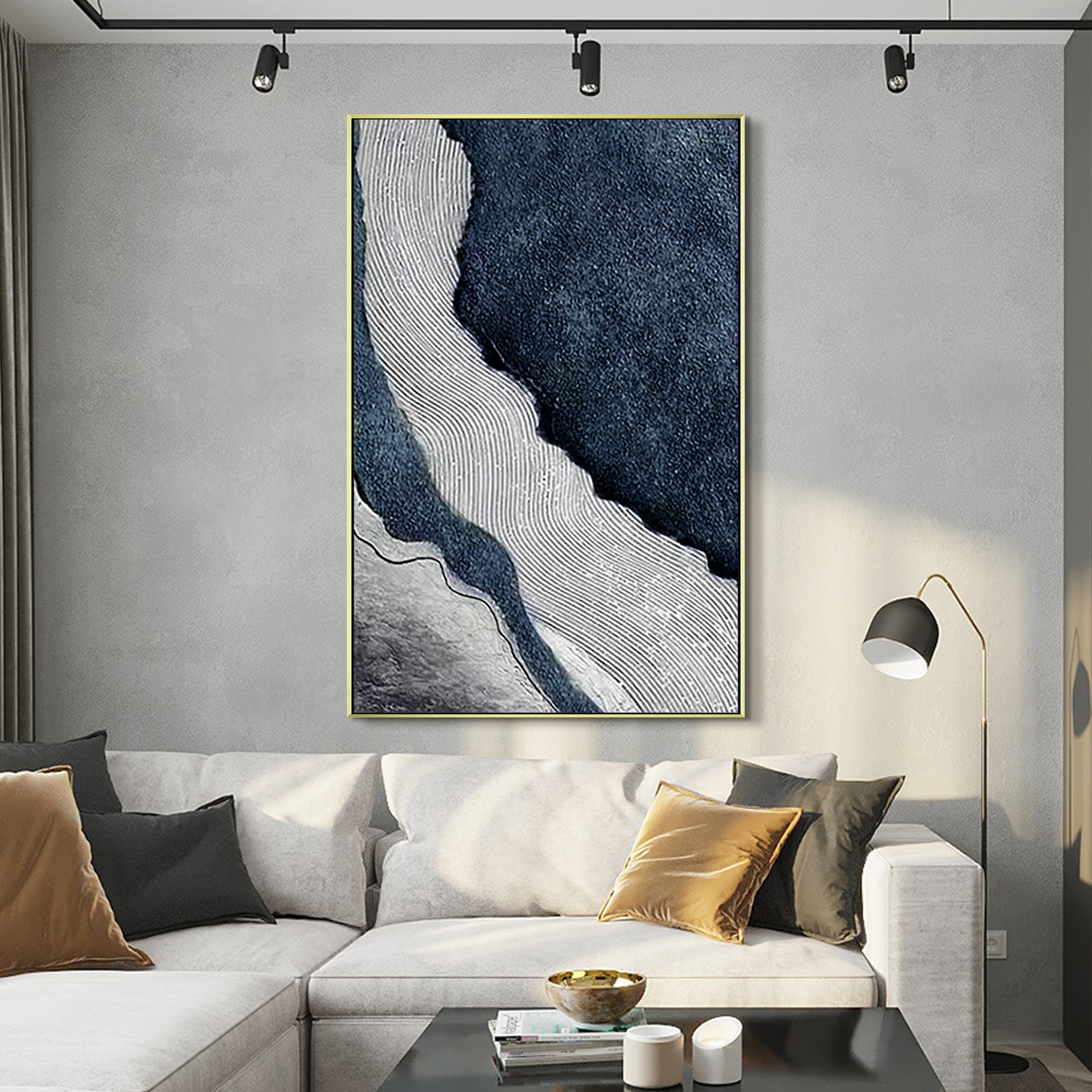 Original dark blue and gray textured ocean painting on canvas, abstract river art for large coastal wall decor in modern beach-themed homes.

