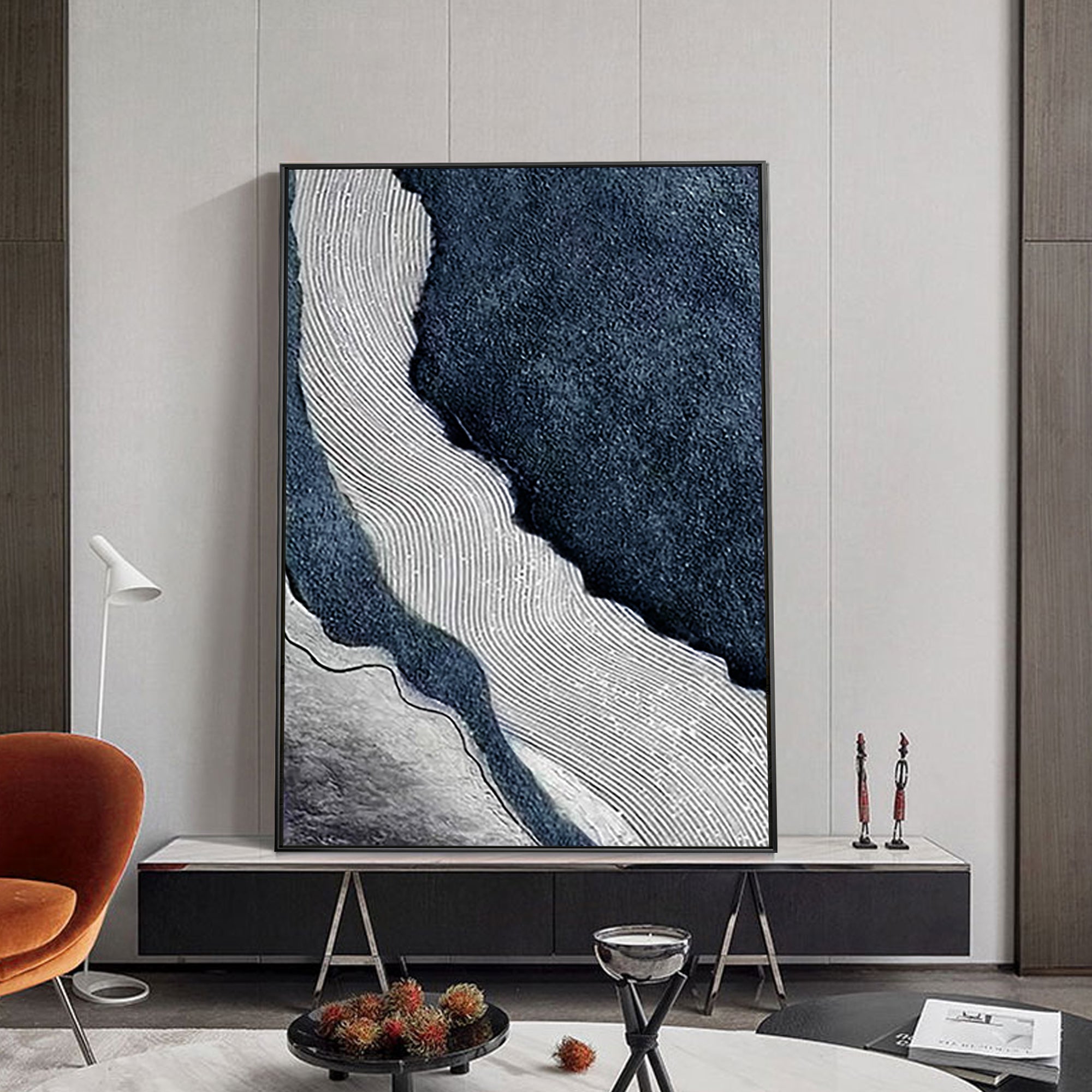Original dark blue and gray textured ocean painting on canvas, abstract river art for large coastal wall decor in modern beach-themed homes.
