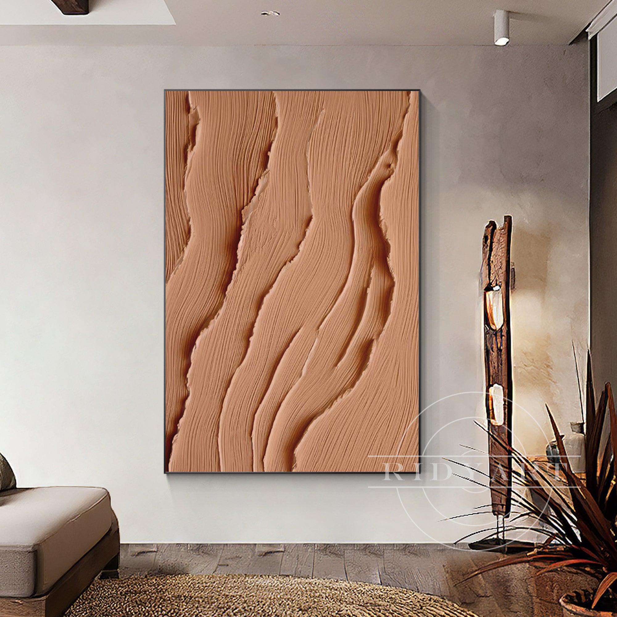 Extra-large earth-tone abstract ocean painting on canvas with 3D texture in brown tones, perfect for coastal-inspired or Wabi Sabi wall decor.

