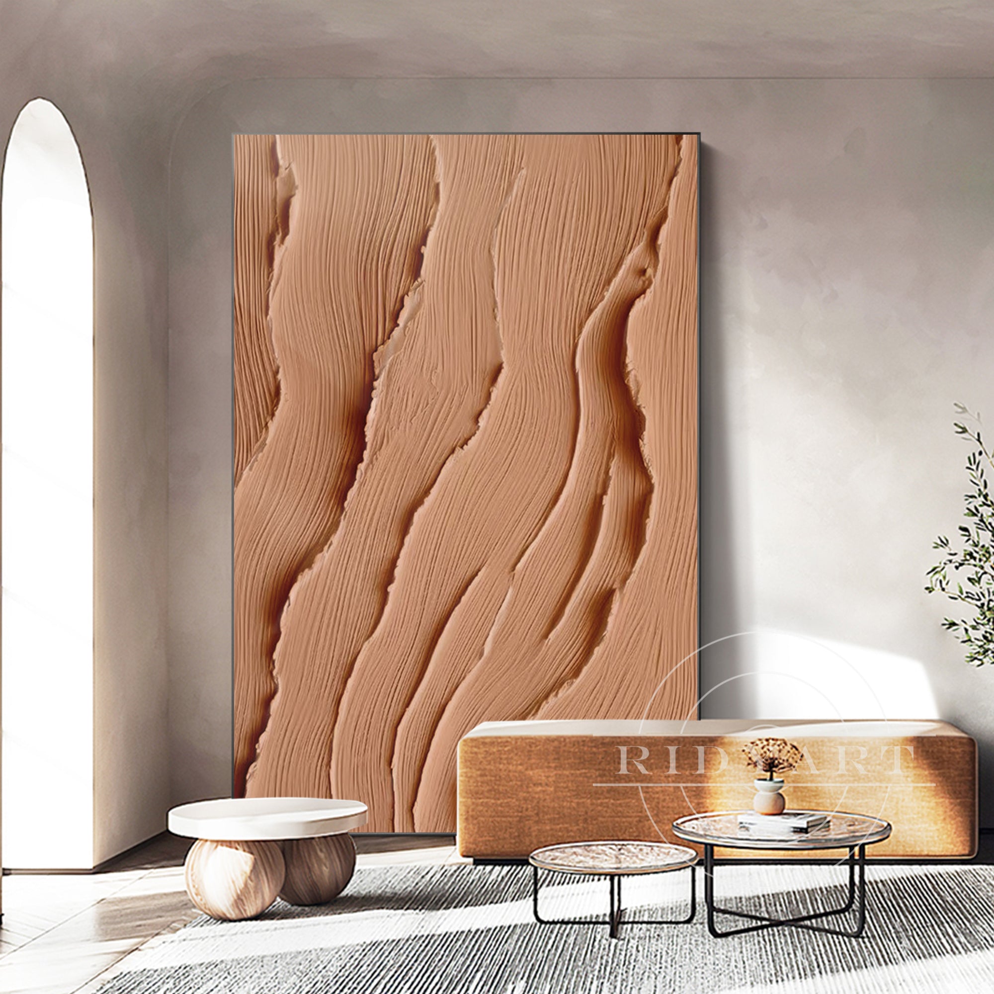 Extra-large earth-tone abstract ocean painting on canvas with 3D texture in brown tones, perfect for coastal-inspired or Wabi Sabi wall decor.

