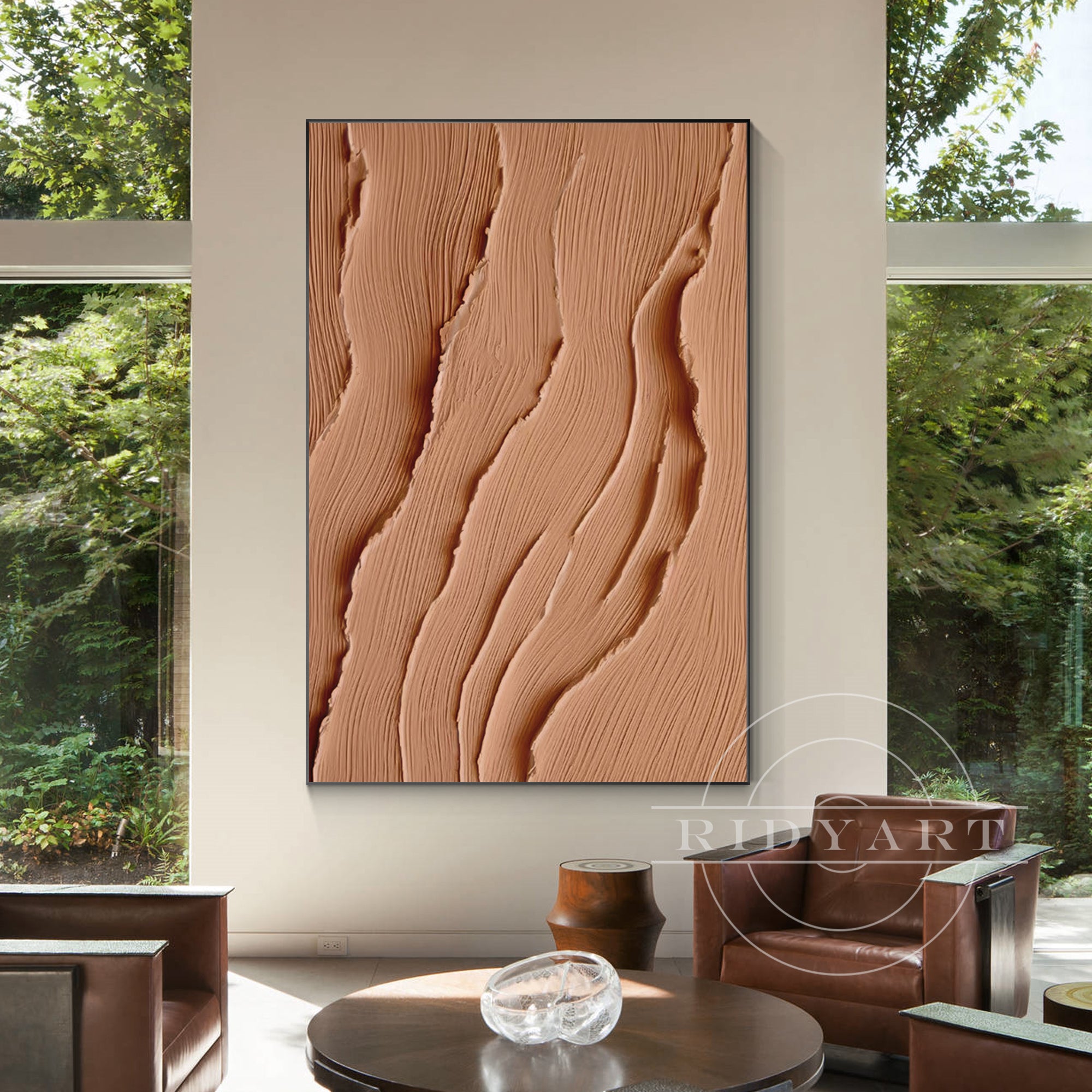 Extra-large earth-tone abstract ocean painting on canvas with 3D texture in brown tones, perfect for coastal-inspired or Wabi Sabi wall decor.

