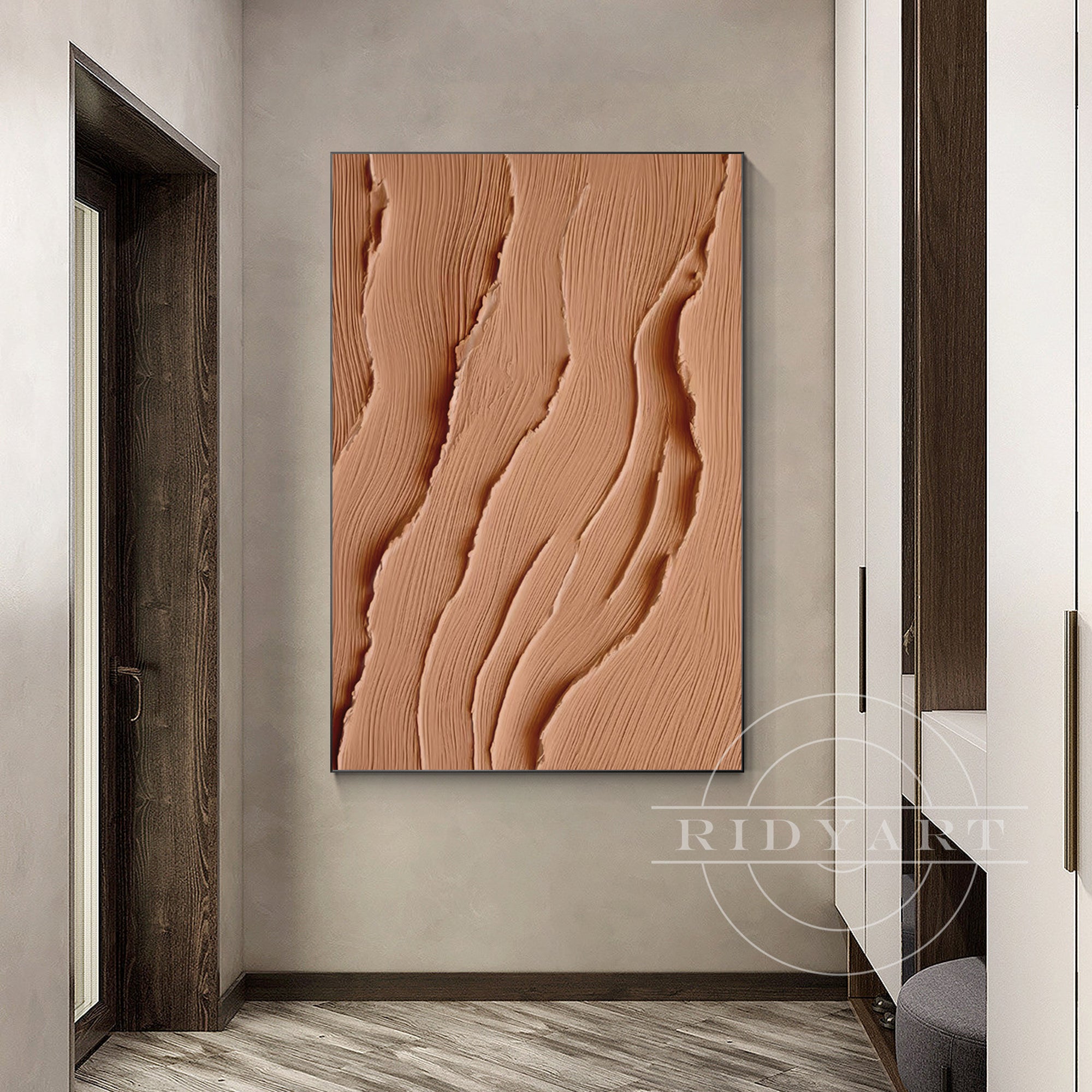 Extra-large earth-tone abstract ocean painting on canvas with 3D texture in brown tones, perfect for coastal-inspired or Wabi Sabi wall decor.

