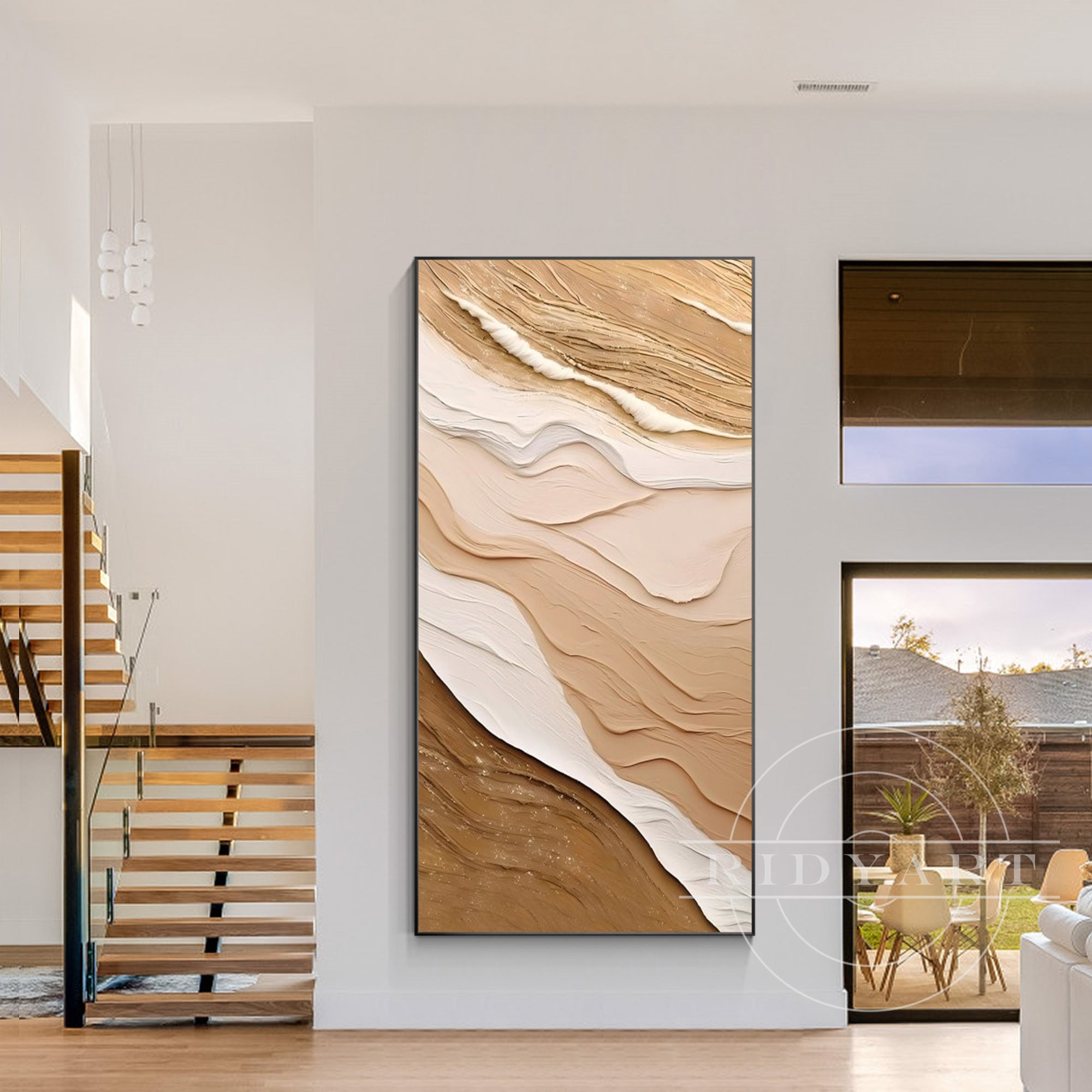 Vertical earth-tone ocean waves painting with thick texture on canvas, perfect for coastal-inspired living room decor and modern interior design.

