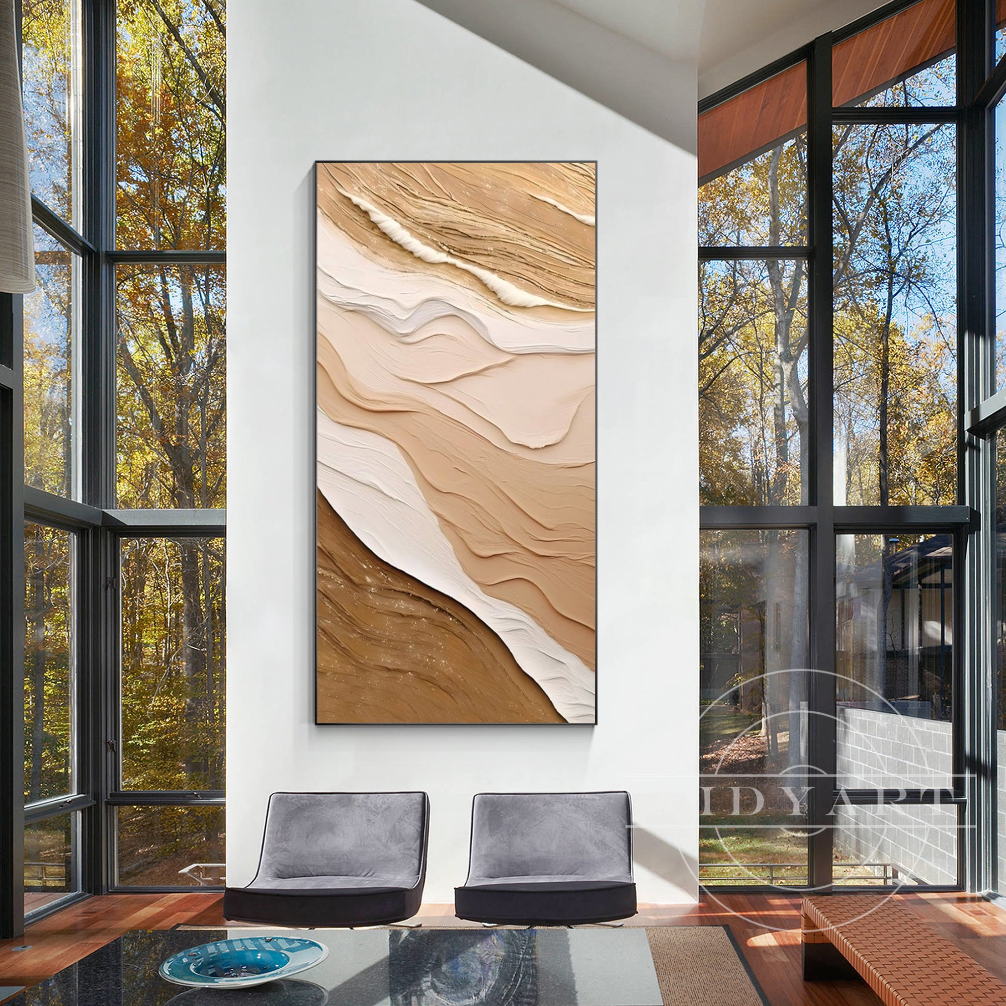 Vertical earth-tone ocean waves painting with thick texture on canvas, perfect for coastal-inspired living room decor and modern interior design.

