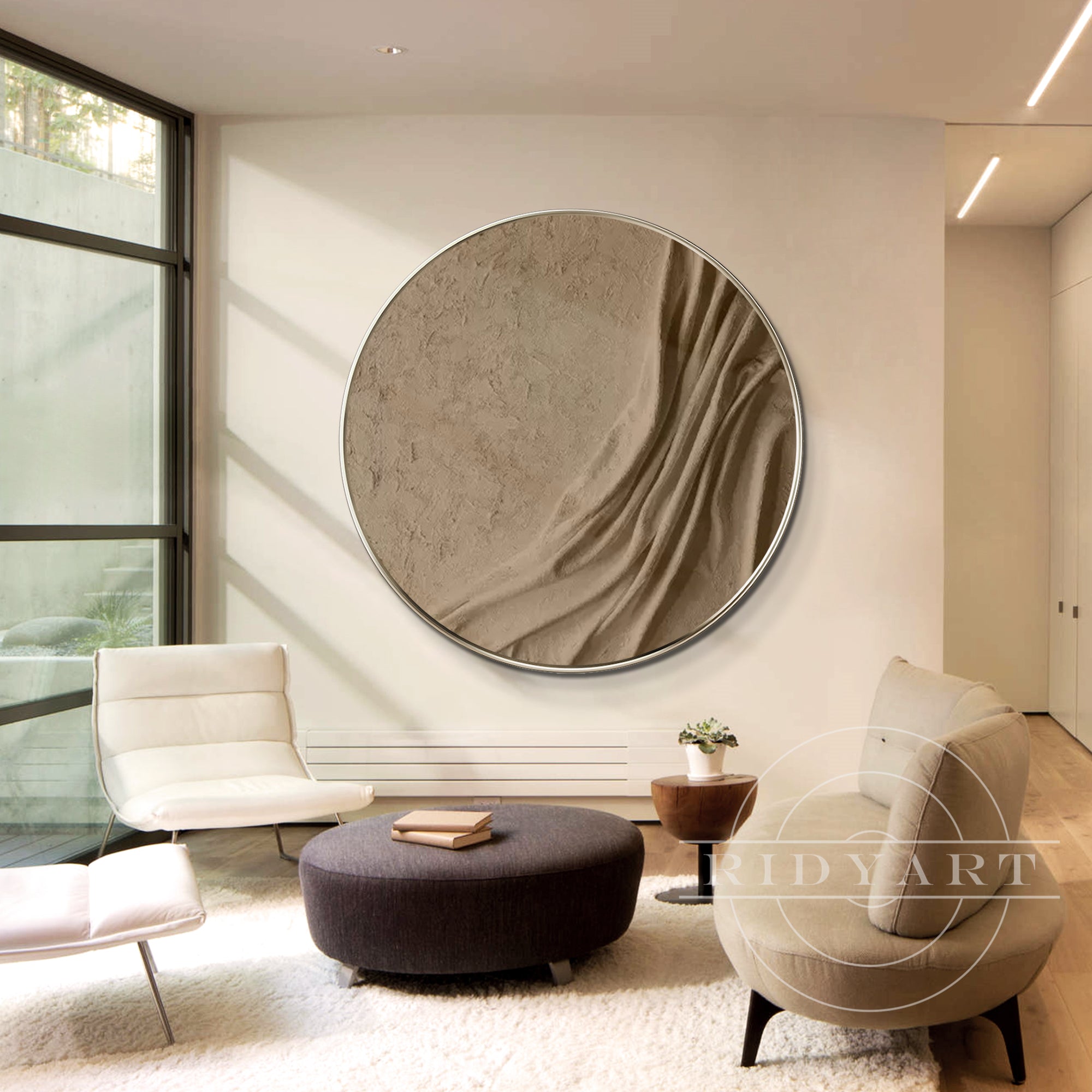 Round earth-tone wall art with 3D thick texture, featuring brown tones and minimalist Wabi Sabi style, framed for modern interior decor.