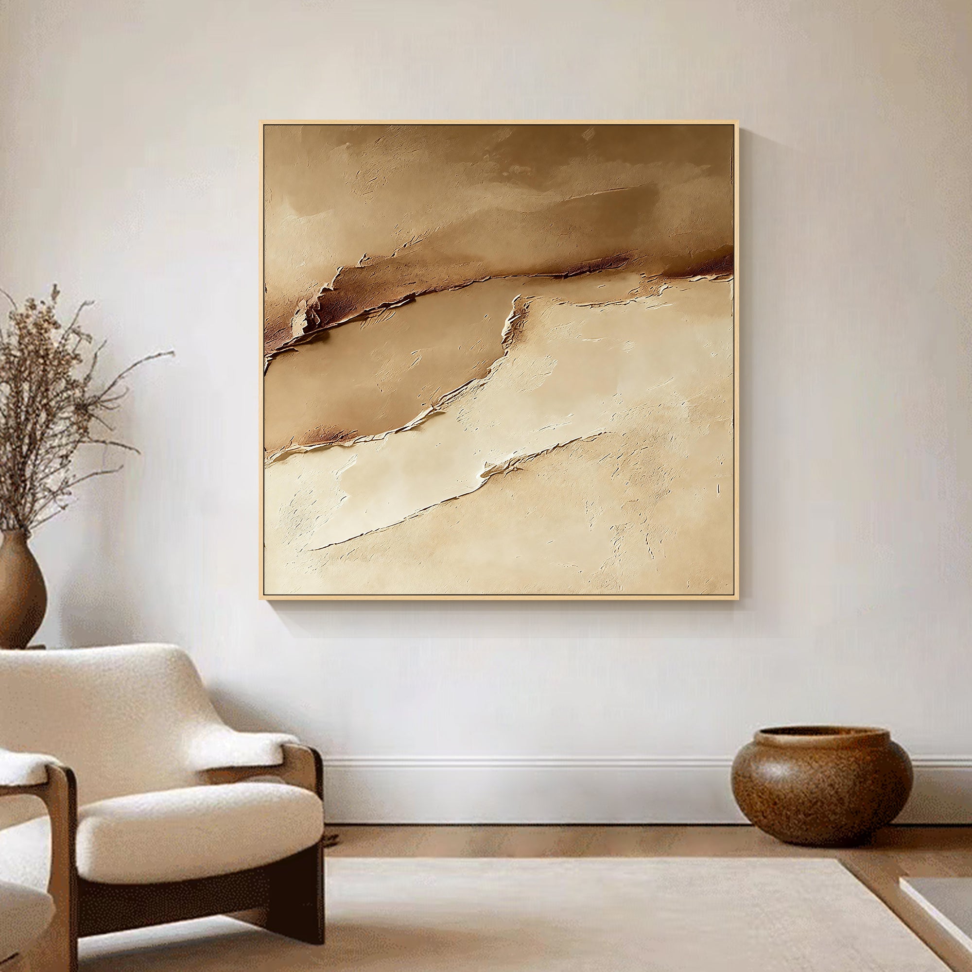 Large abstract beige artwork for modern hallway decor
