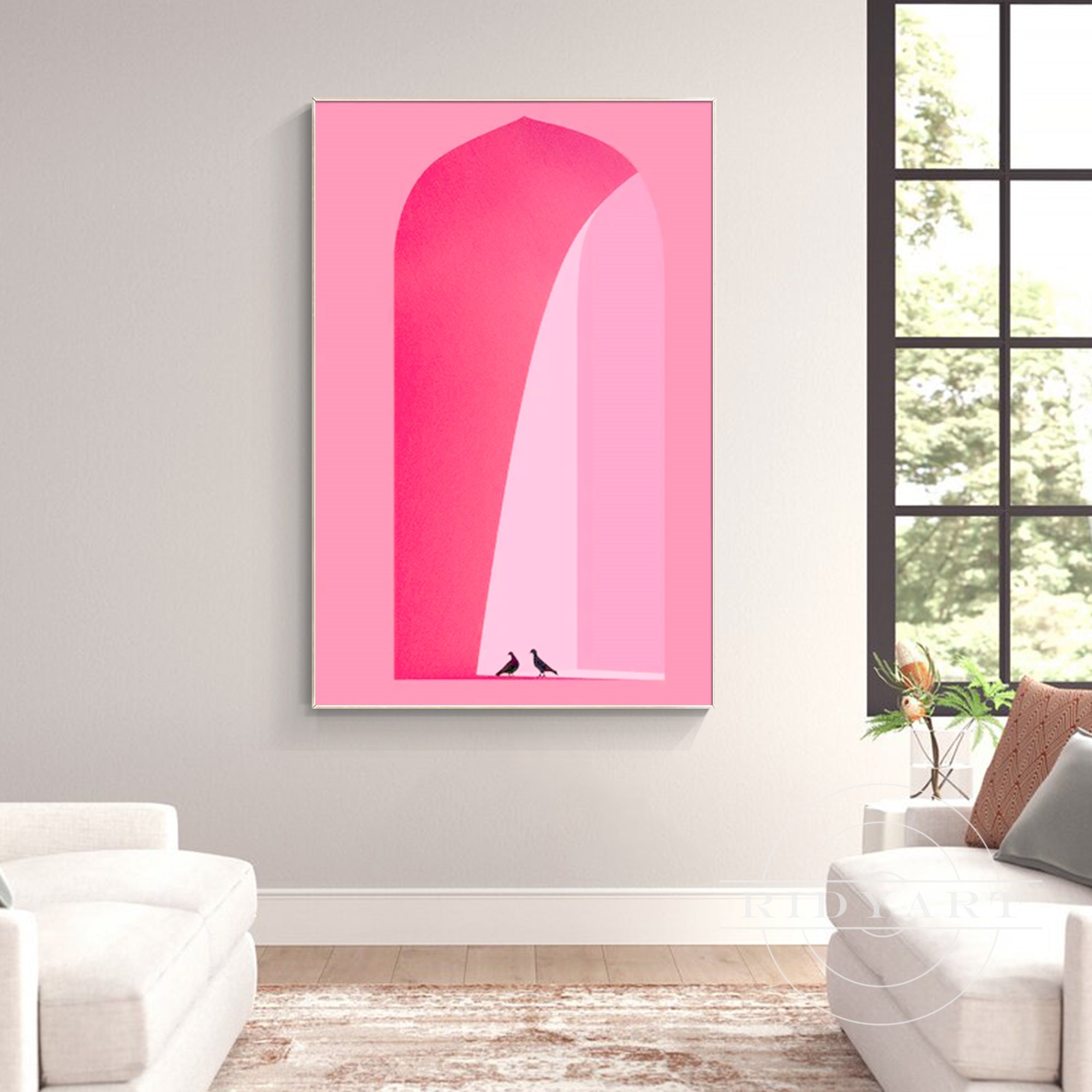 Elegant oil painting with white dove and pink archway