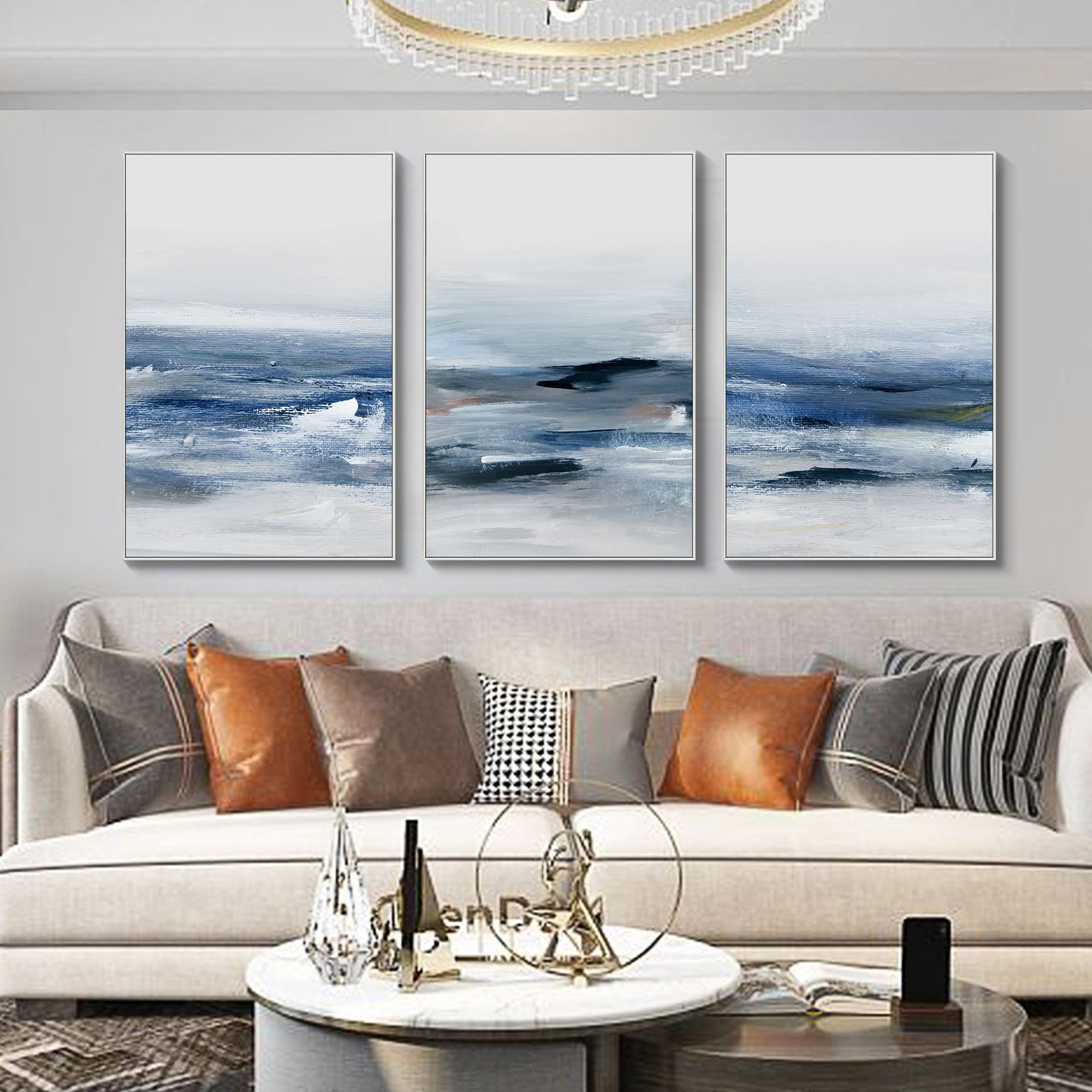 3 Pieces Blue Ocean Oil Painting on Canvas