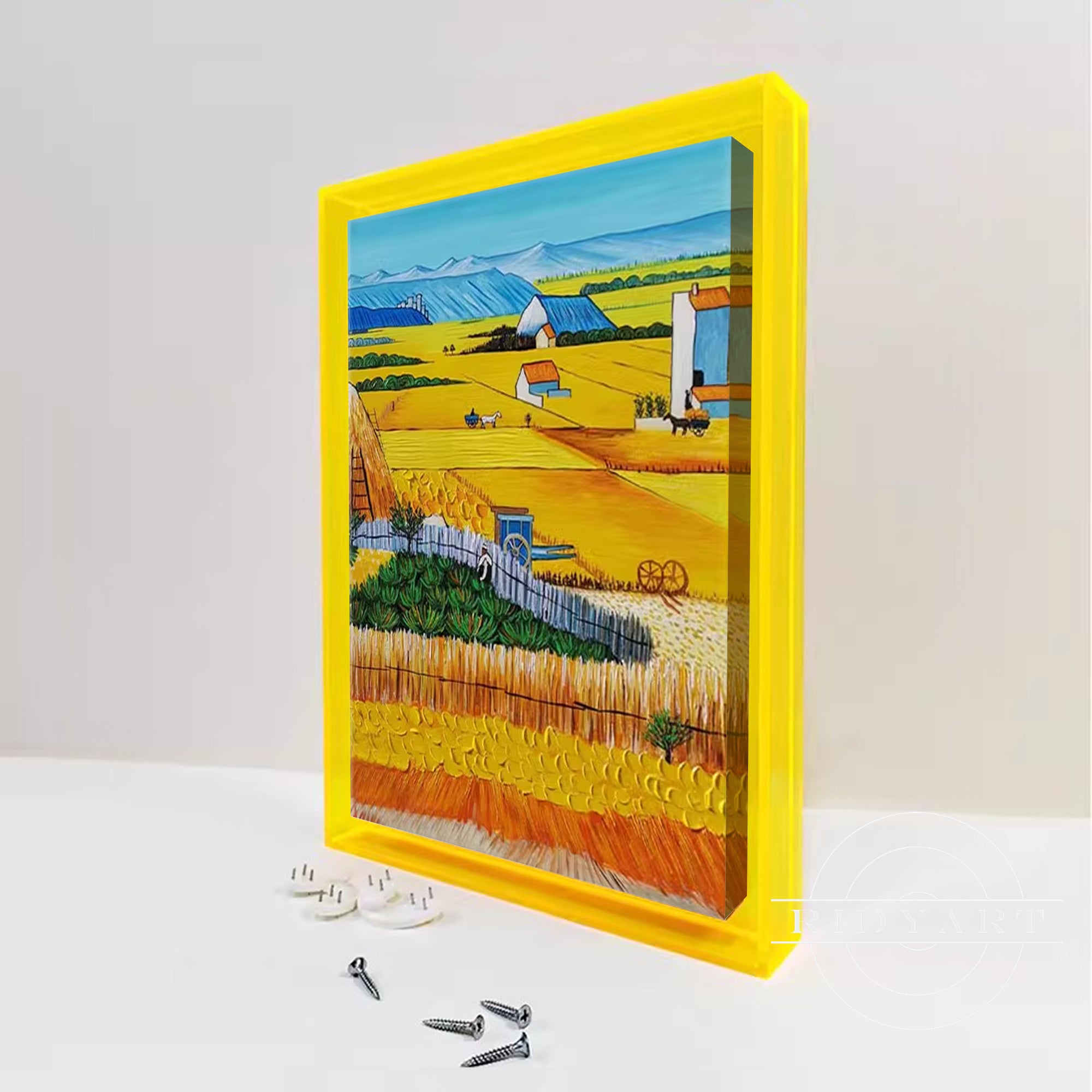 Modern dopamine-colored acrylic frame for artwork
