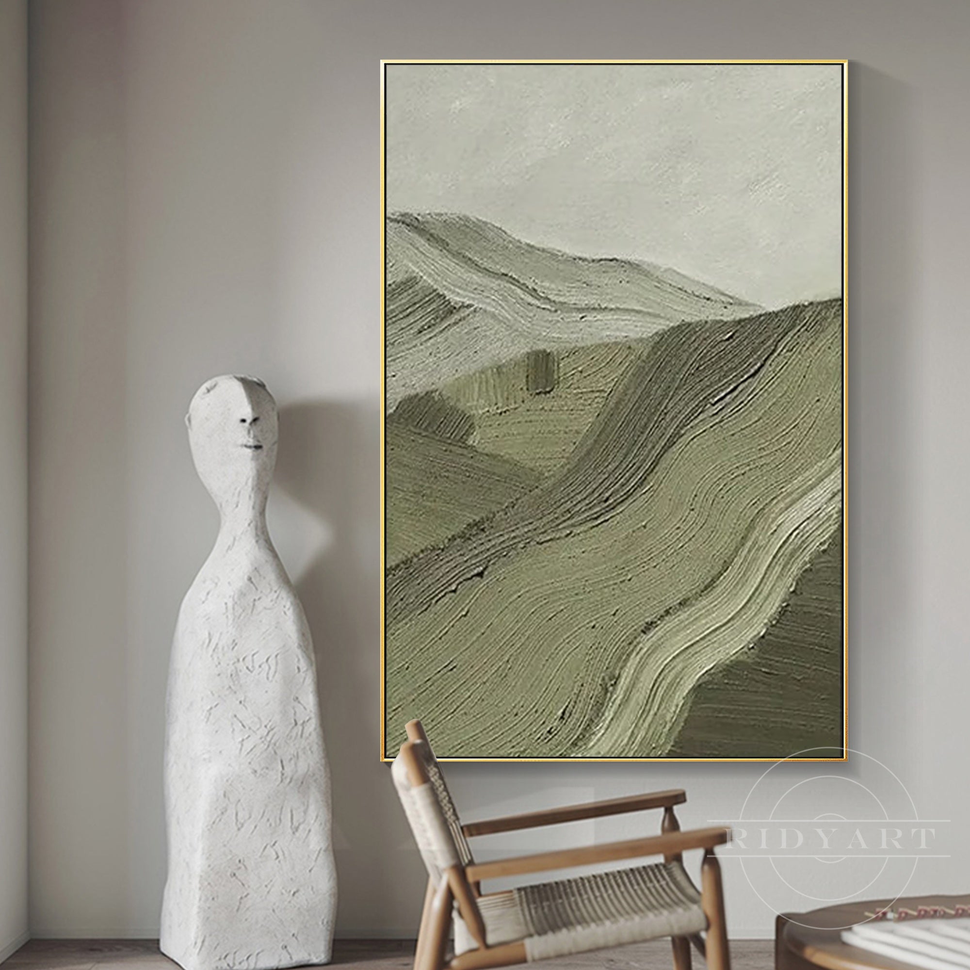 wabi sabi mountain textured artwork sage green home decor