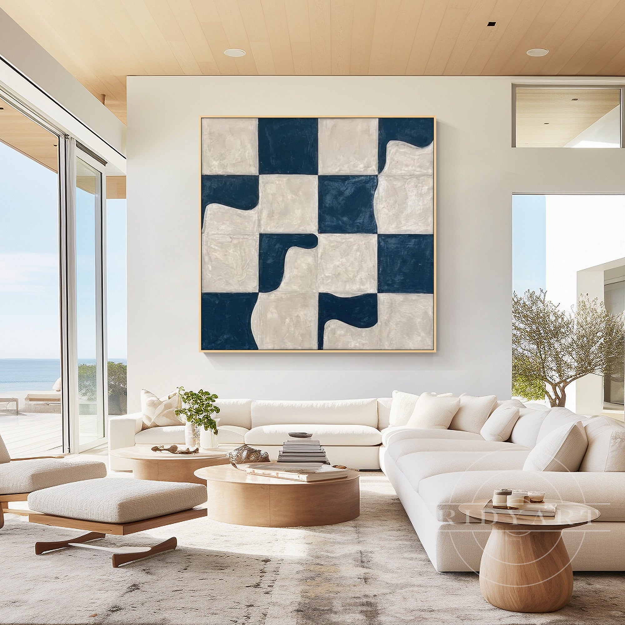 large geometric wall art navy blue minimalist painting