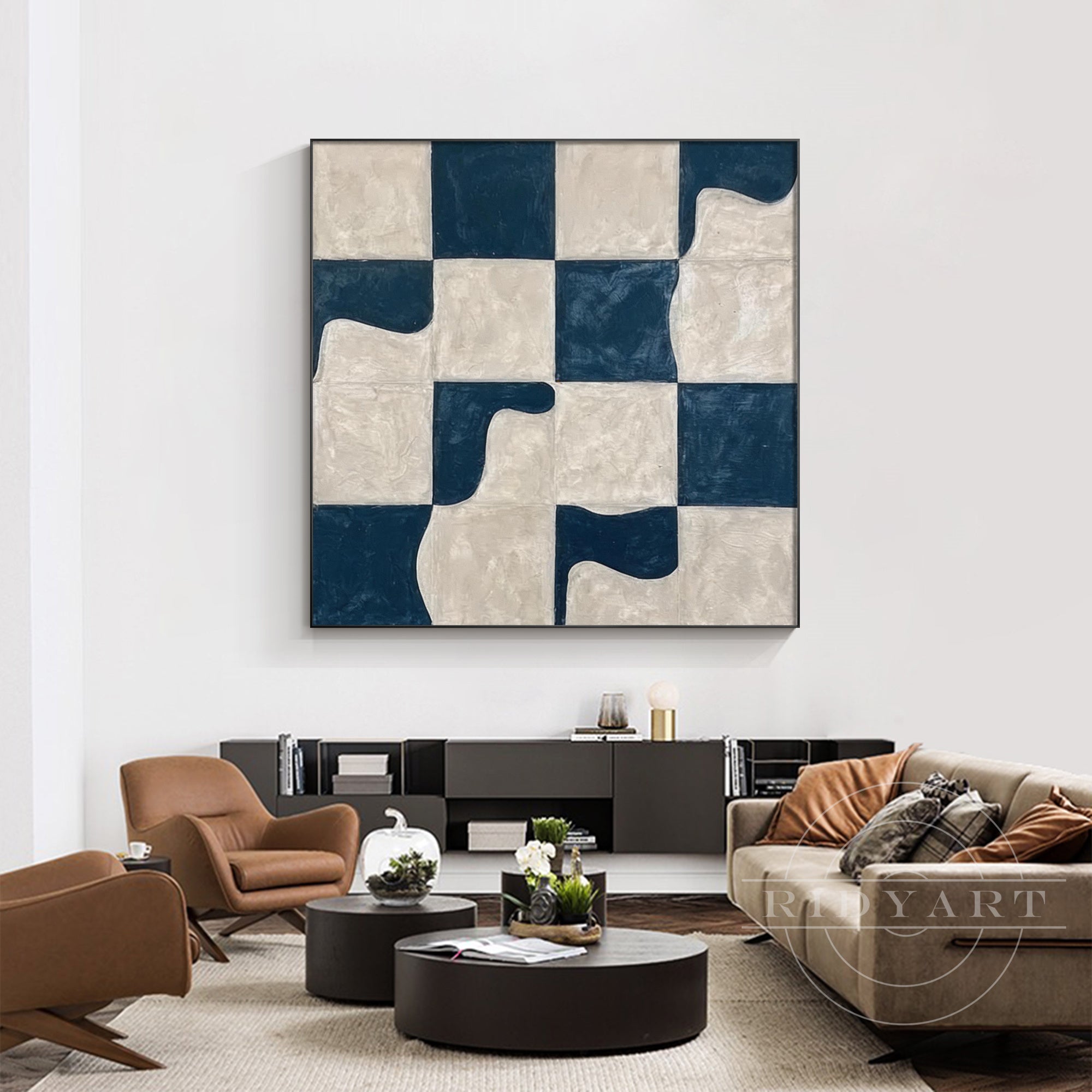 hand painted navy blue geometric wall art
