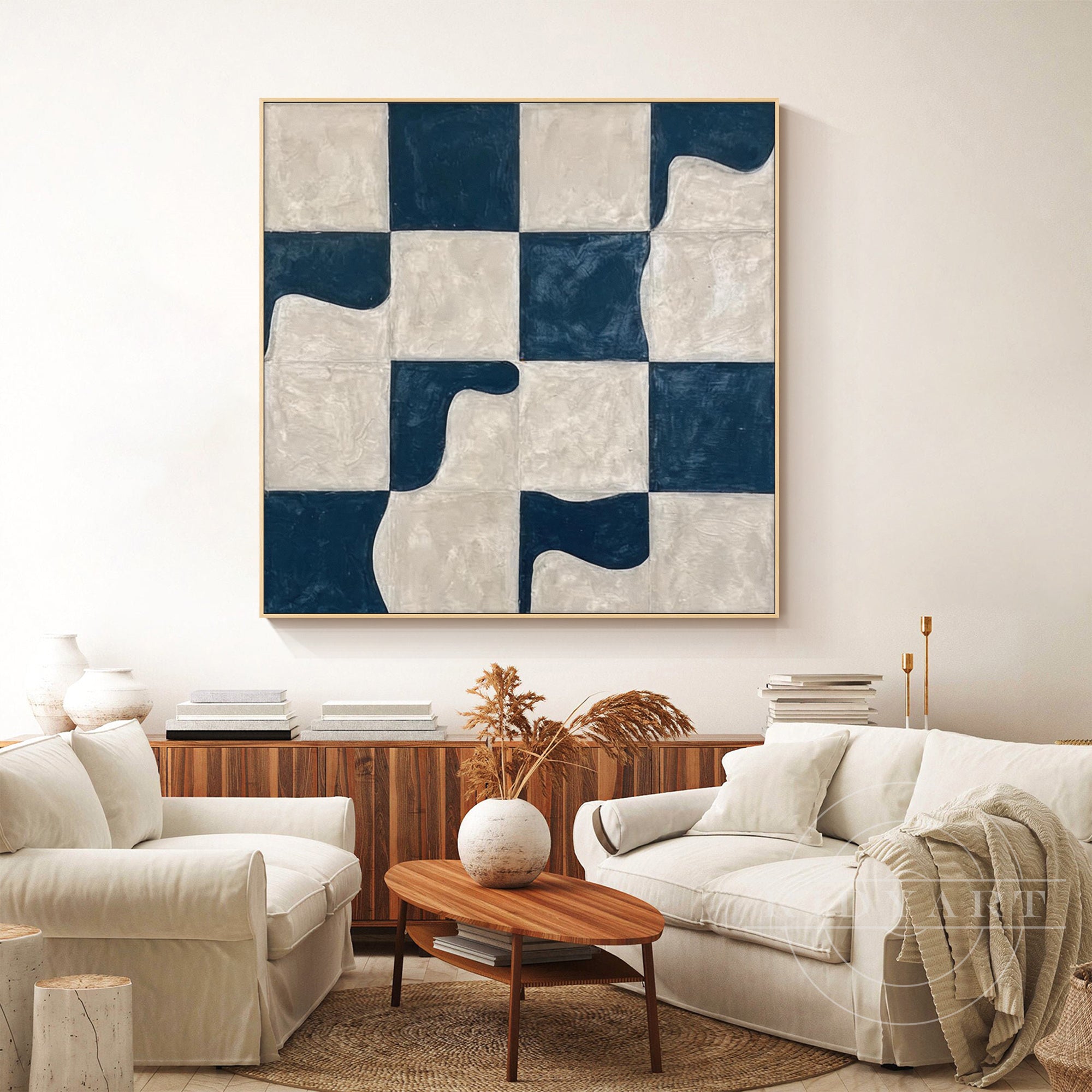 navy blue geometric textured canvas wall art decor