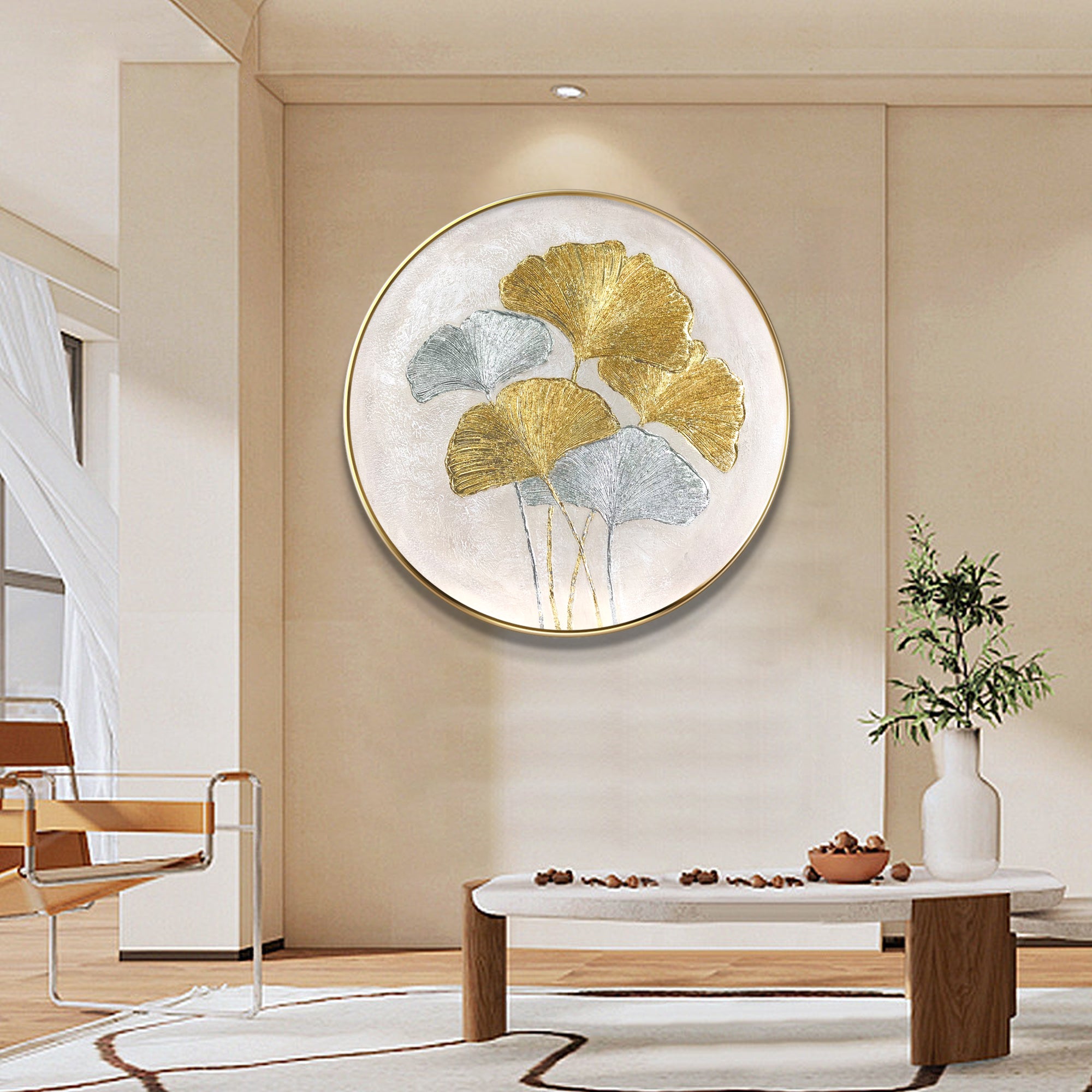 Ginkgo Biloba Leaves Painting Round Wall art