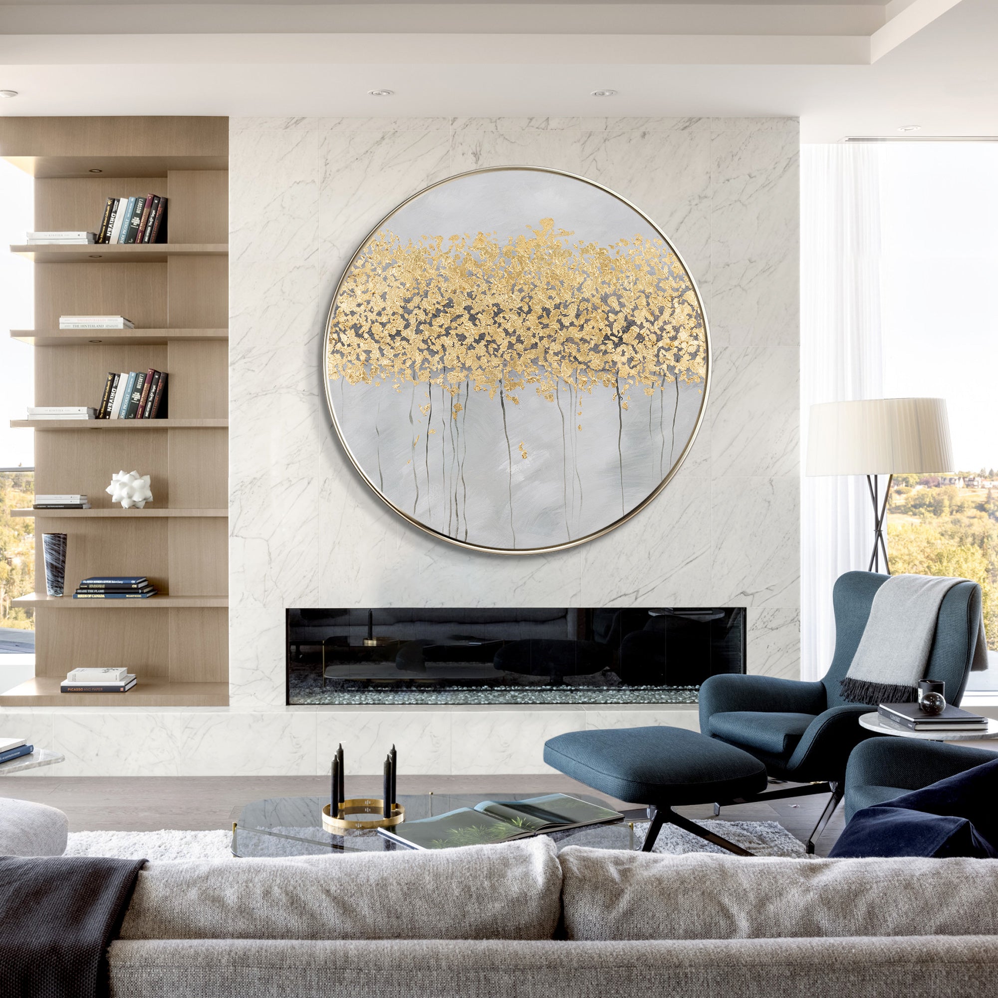 Gold Trees Canvas Wall Art Round Frame