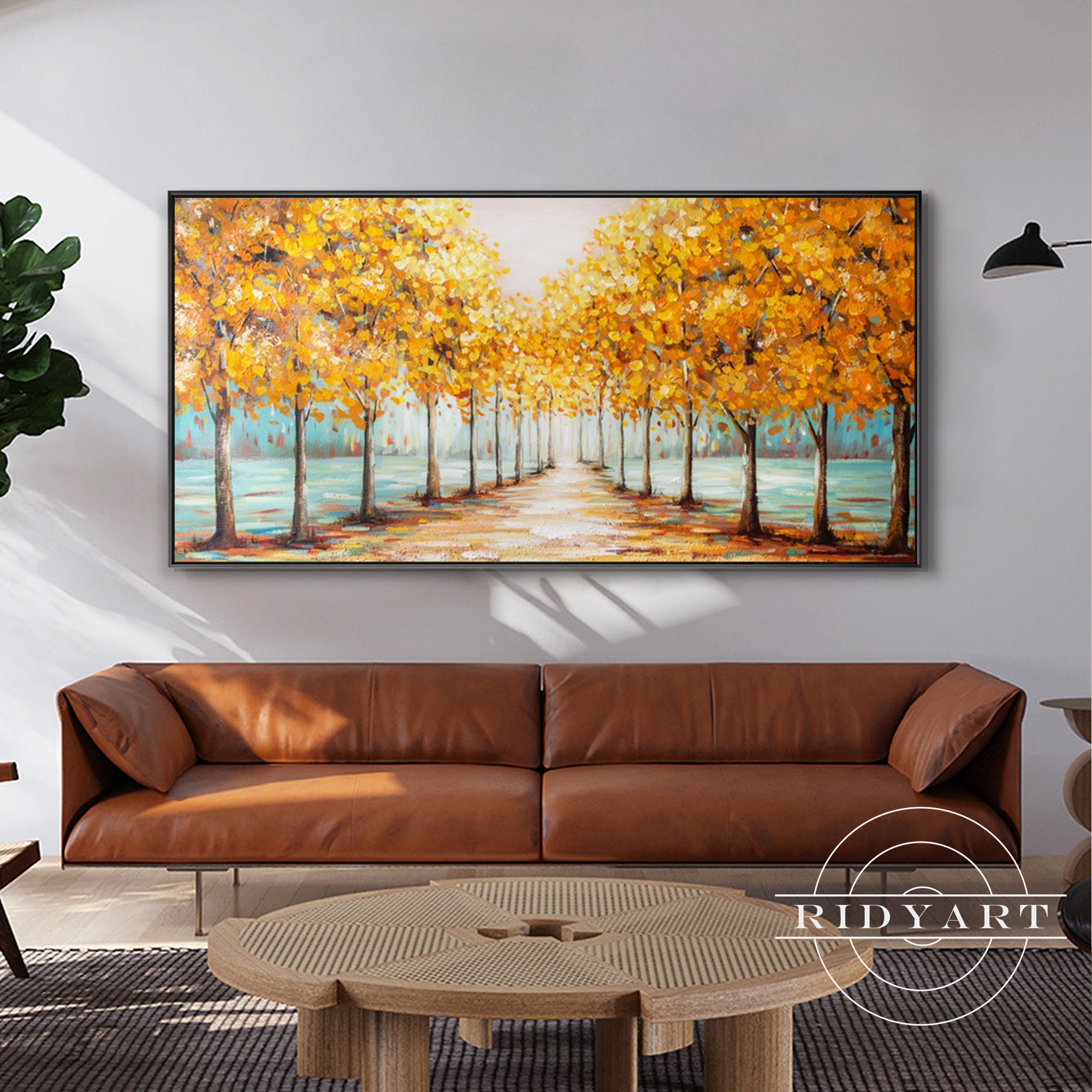 Gold tree-lined pathway oil painting