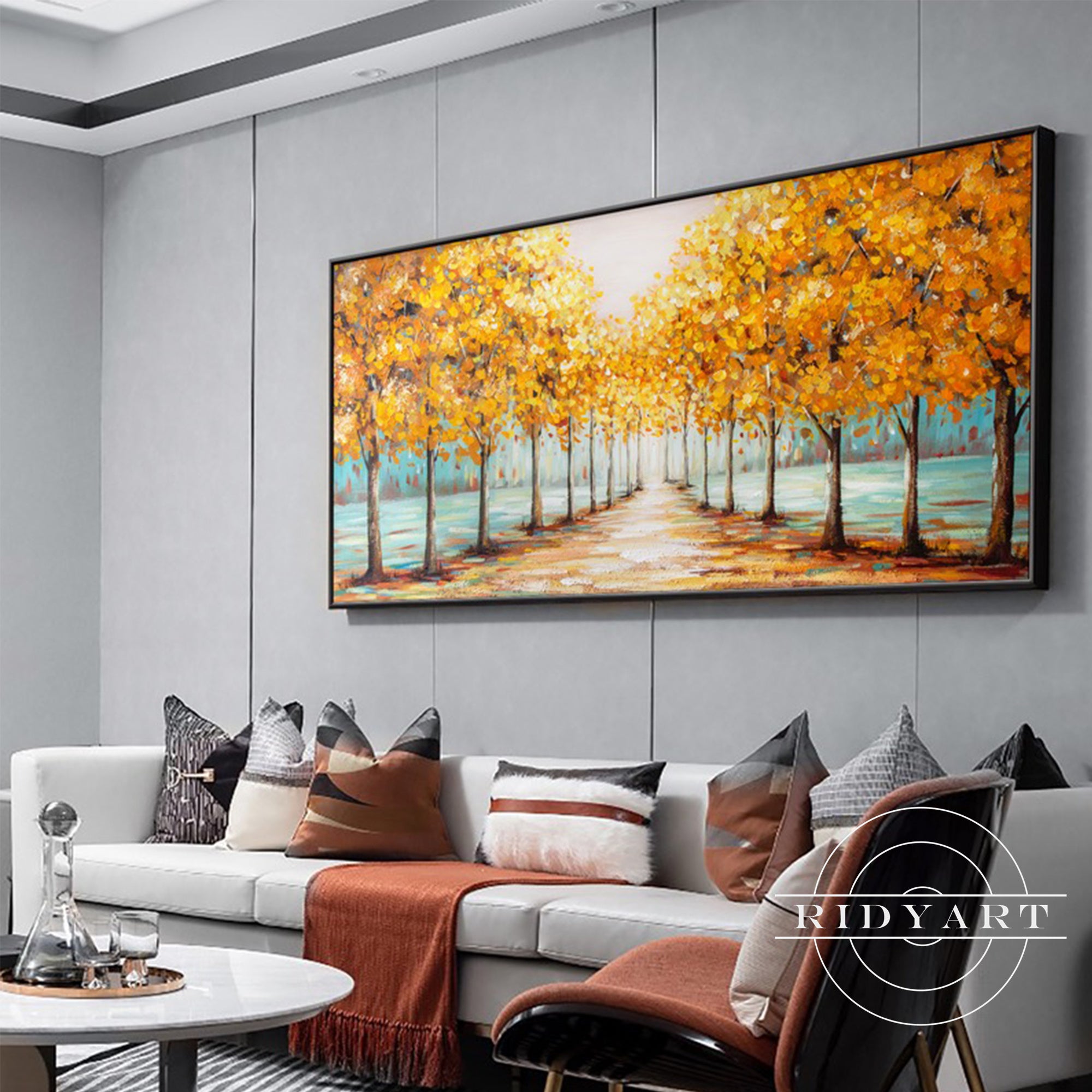 Elegant nature oil art with gold trees