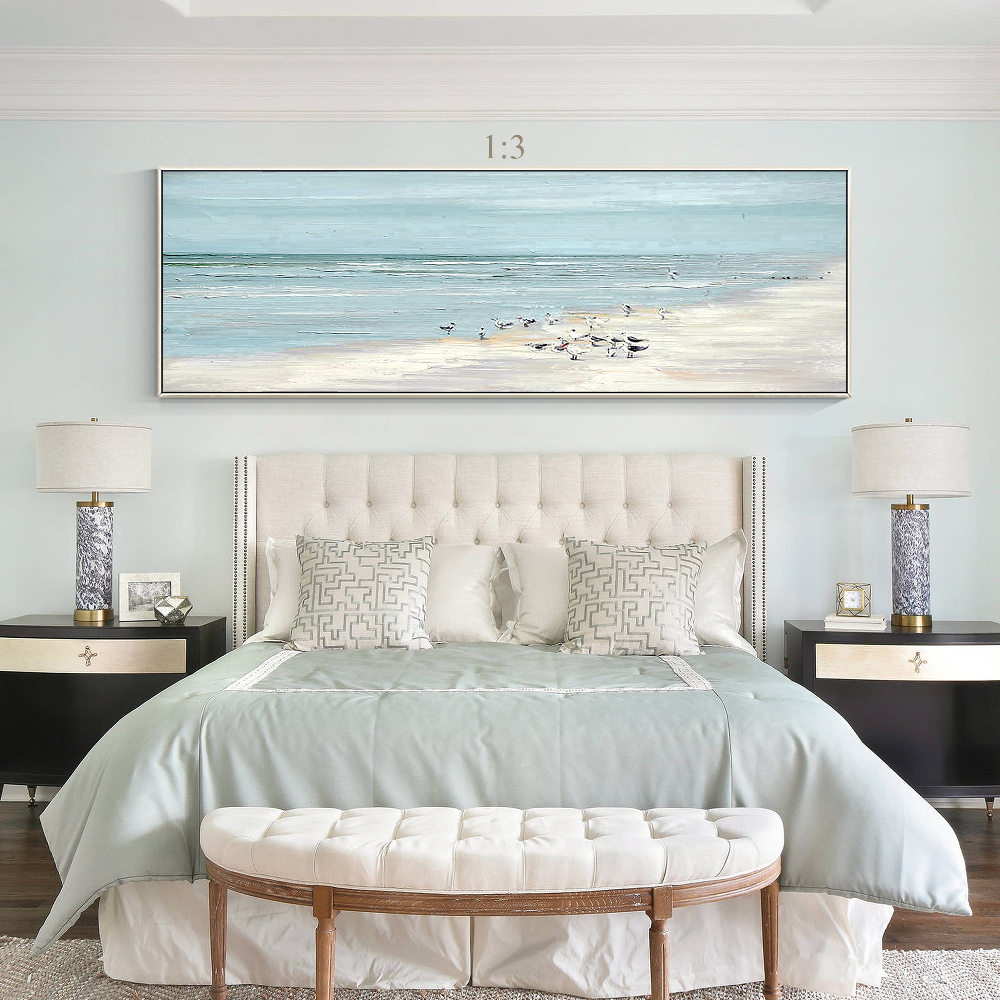 Hand-painted seascape with gentle white waves.