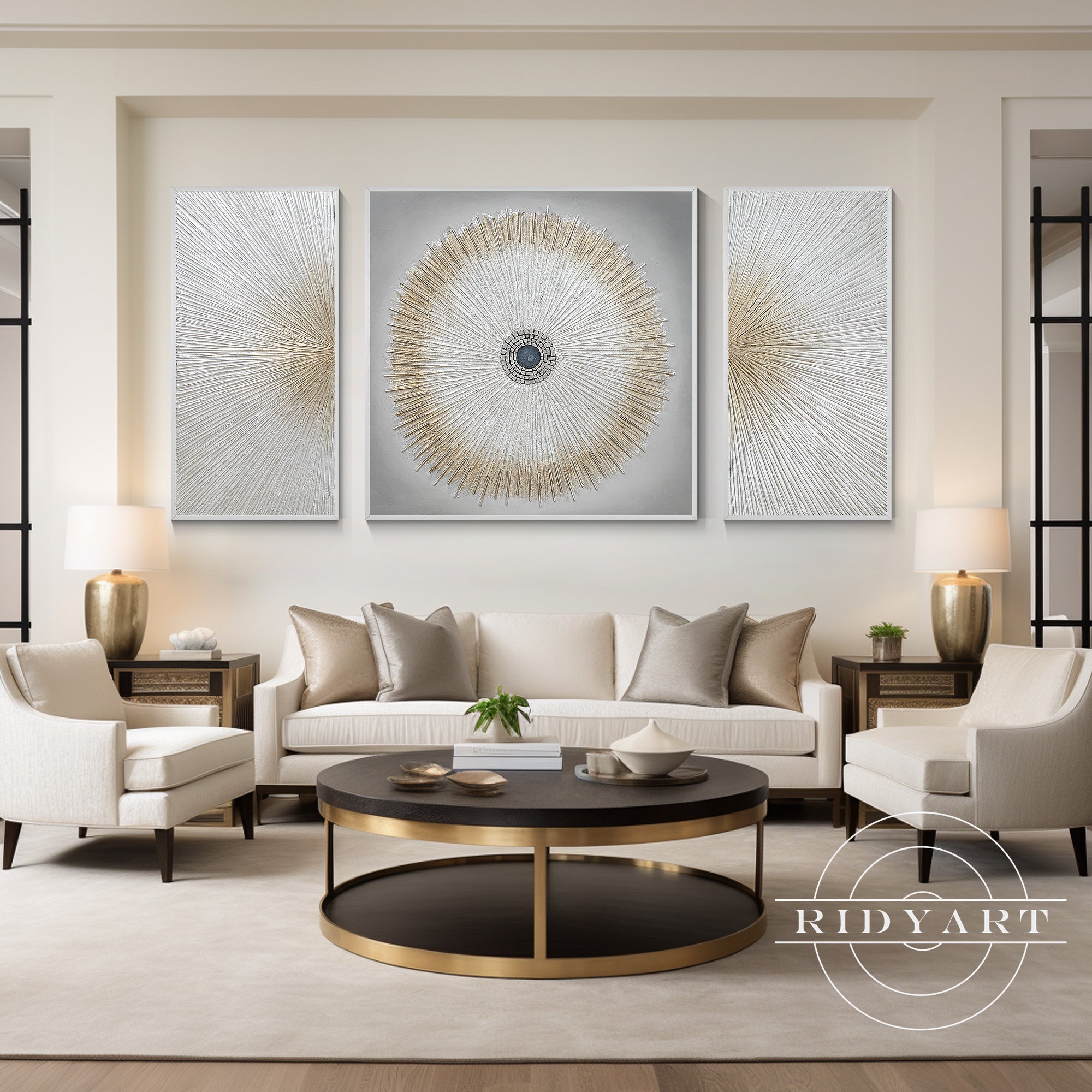 Abstract gray, white, and gold triptych painting