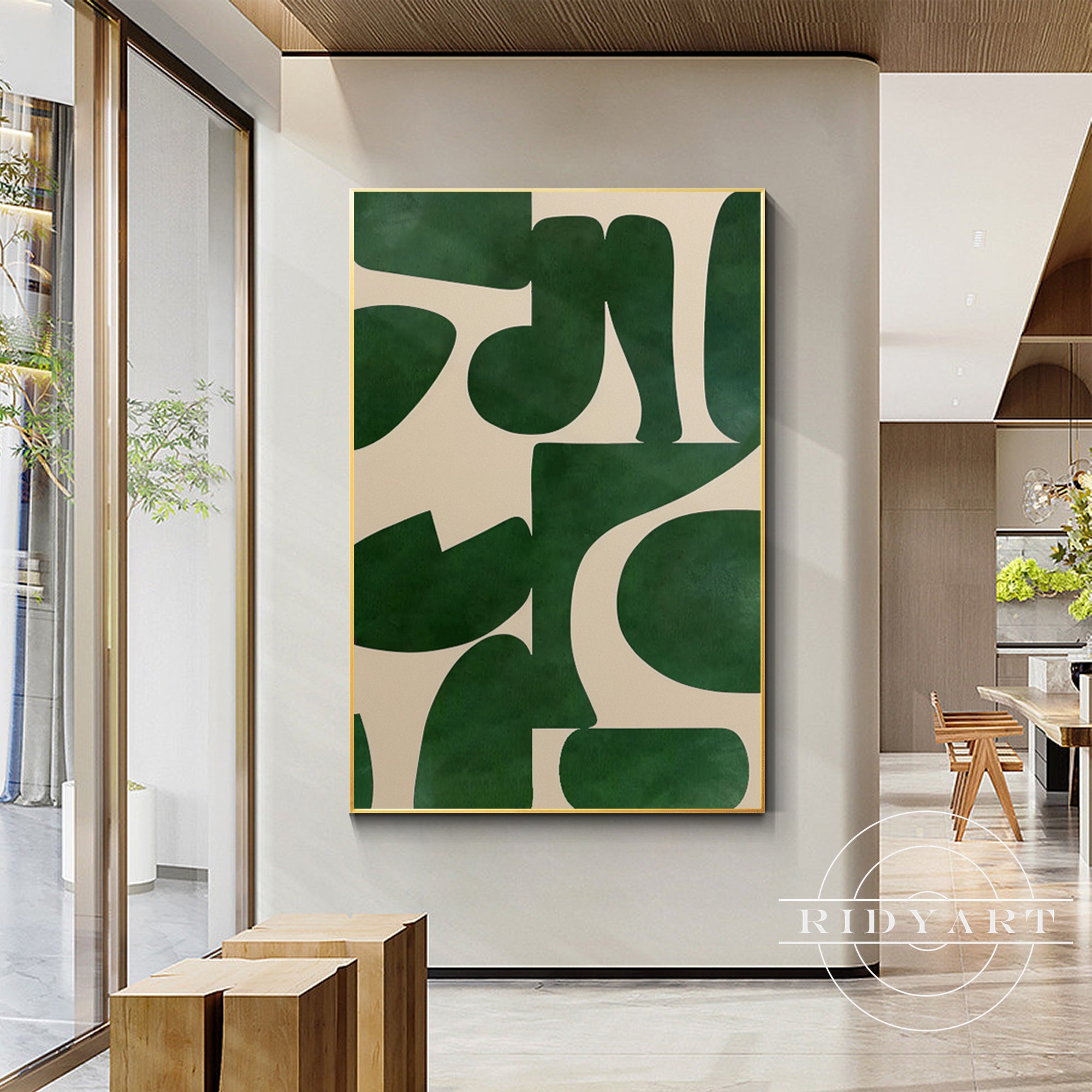 Green beige abstract geometric art featuring modern shapes and soft color tones, perfect for contemporary home deco