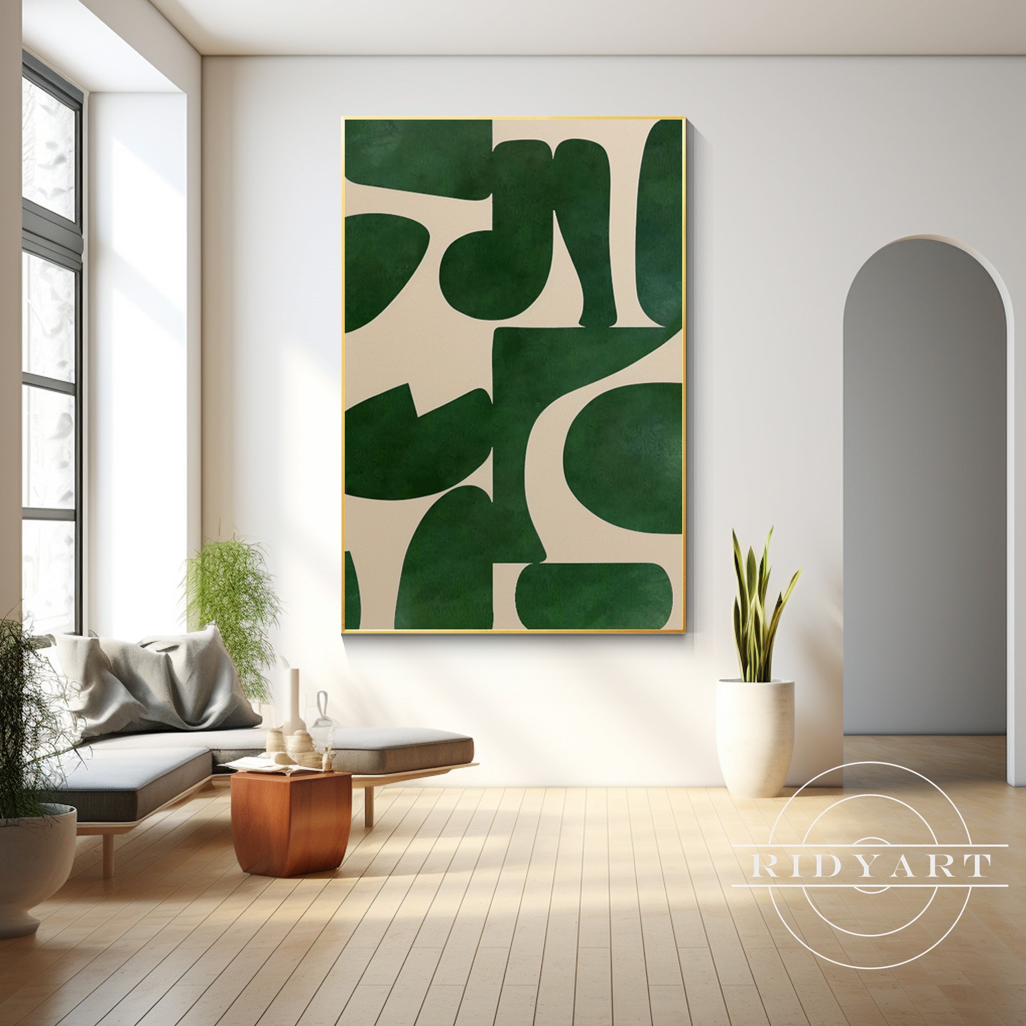 Green beige abstract geometric art featuring modern shapes and soft color tones, perfect for contemporary home deco