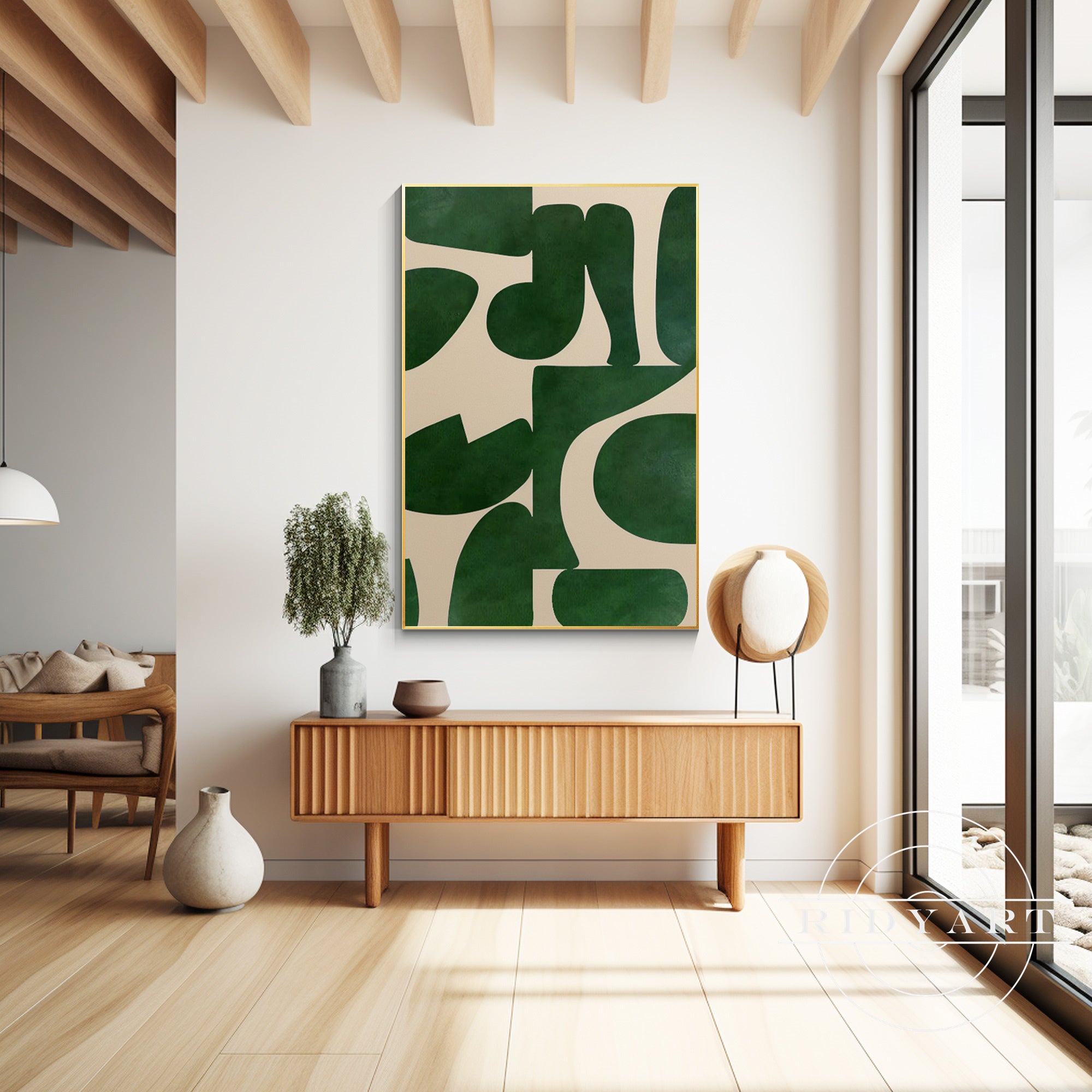 Green beige abstract geometric art featuring modern shapes and soft color tones, perfect for contemporary home deco