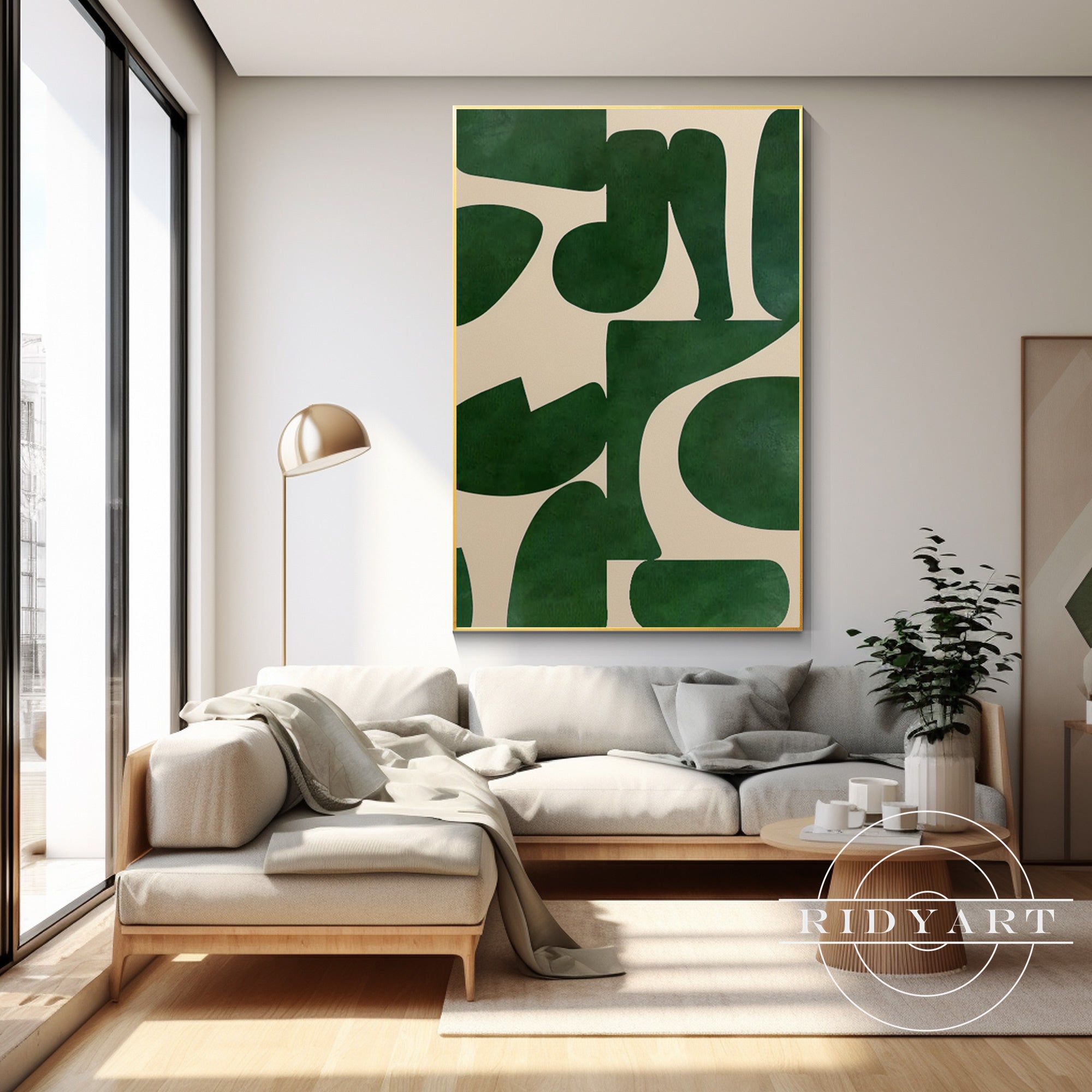 Green beige abstract geometric art featuring modern shapes and soft color tones, perfect for contemporary home deco