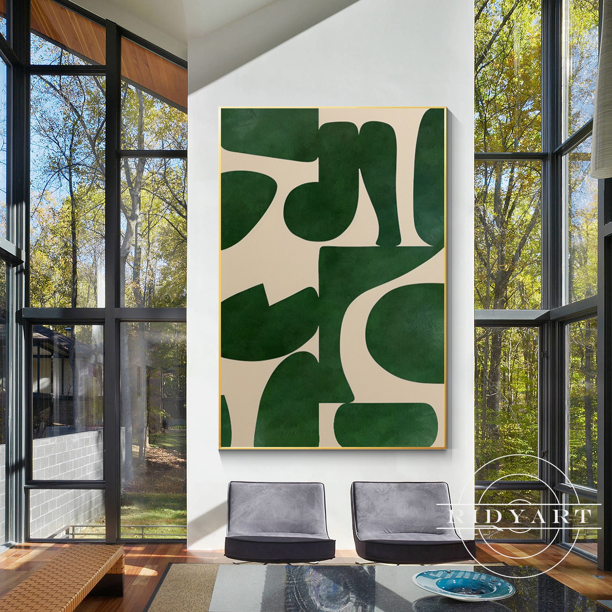 Green beige abstract geometric art featuring modern shapes and soft color tones, perfect for contemporary home deco