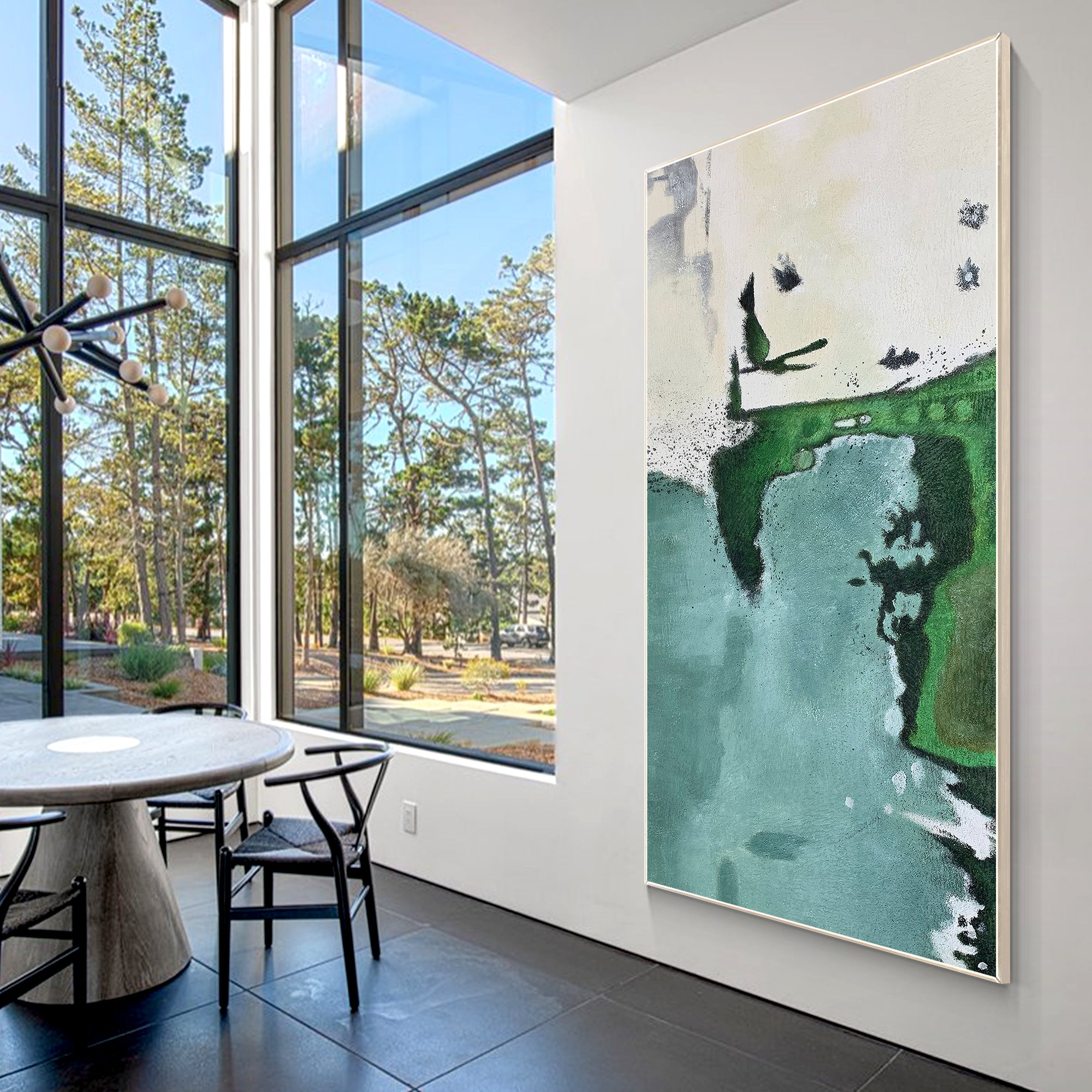 Hand-painted modern art in shades of teal and green