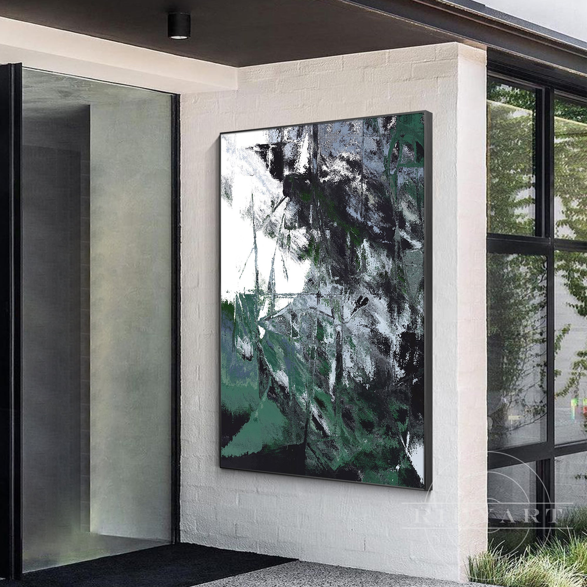 Green and gray abstract hand-painted oil painting