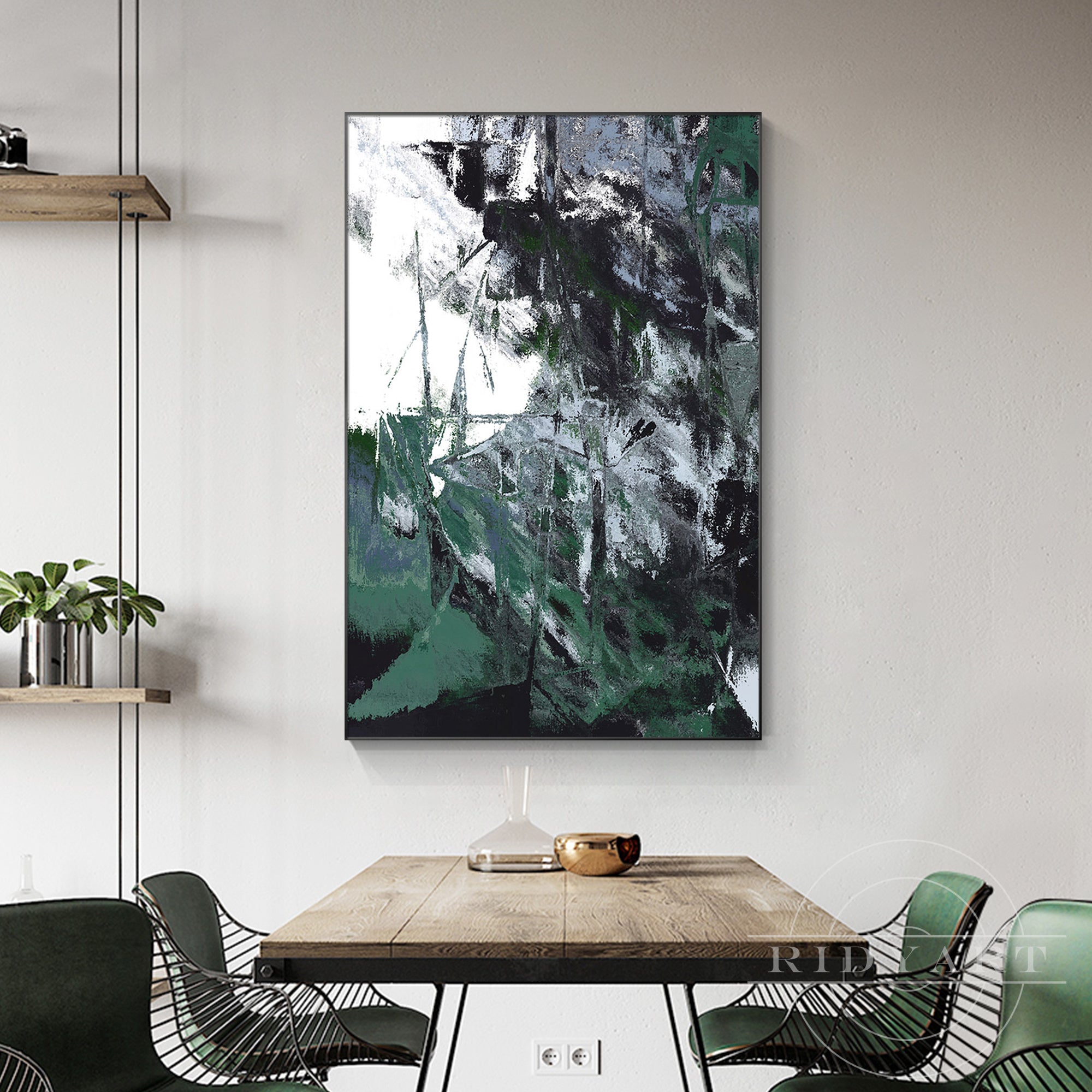 Abstract hand-painted oil art with green and gray tones