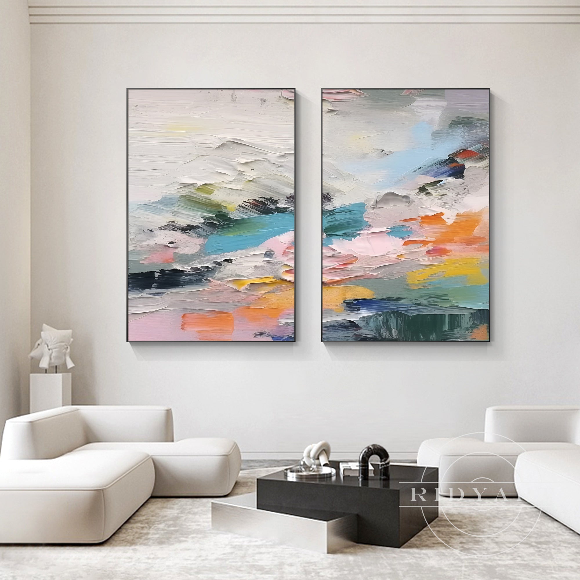 Modern hand-painted pastel wall art set with textured details