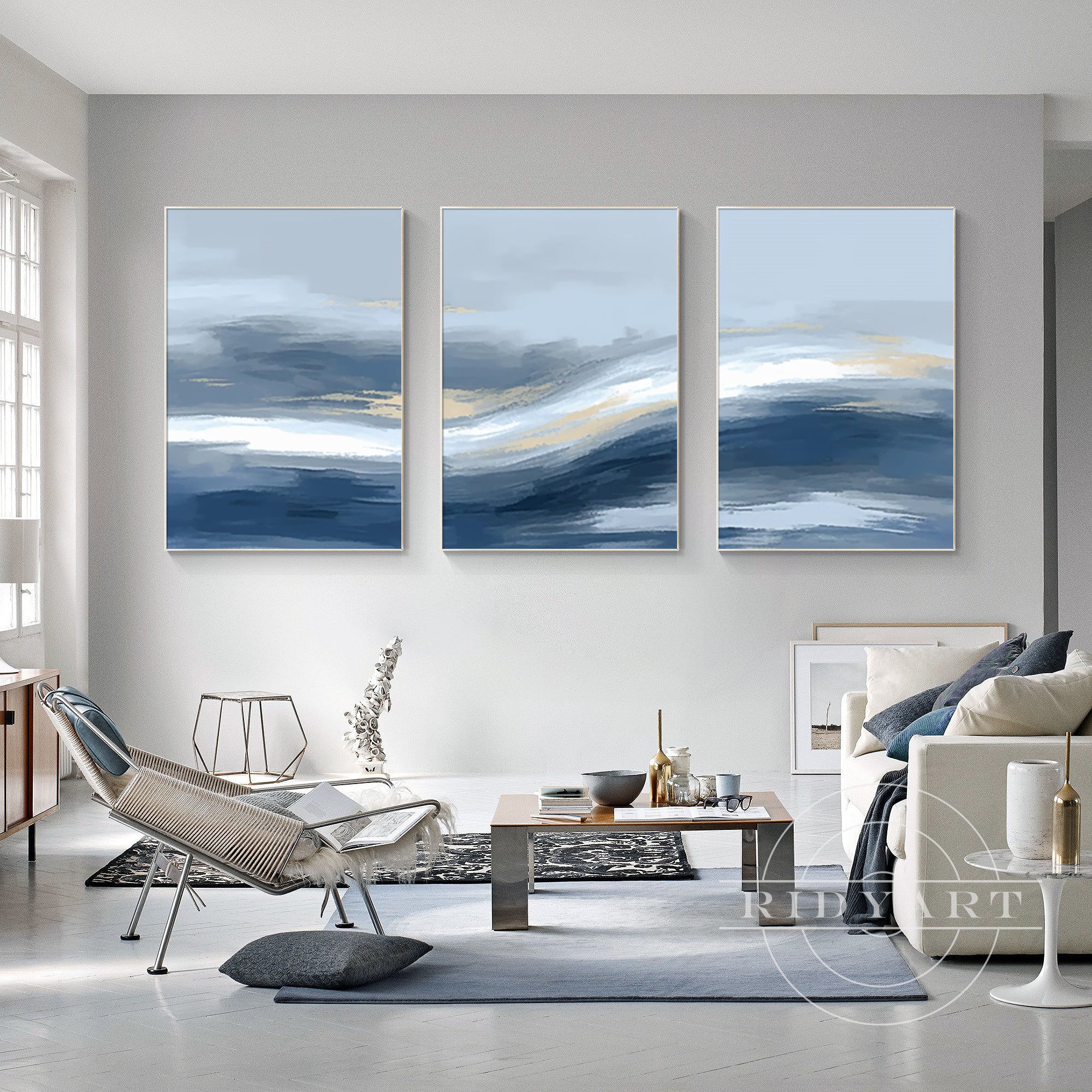 Blue and gold abstract triptych for living room decoration