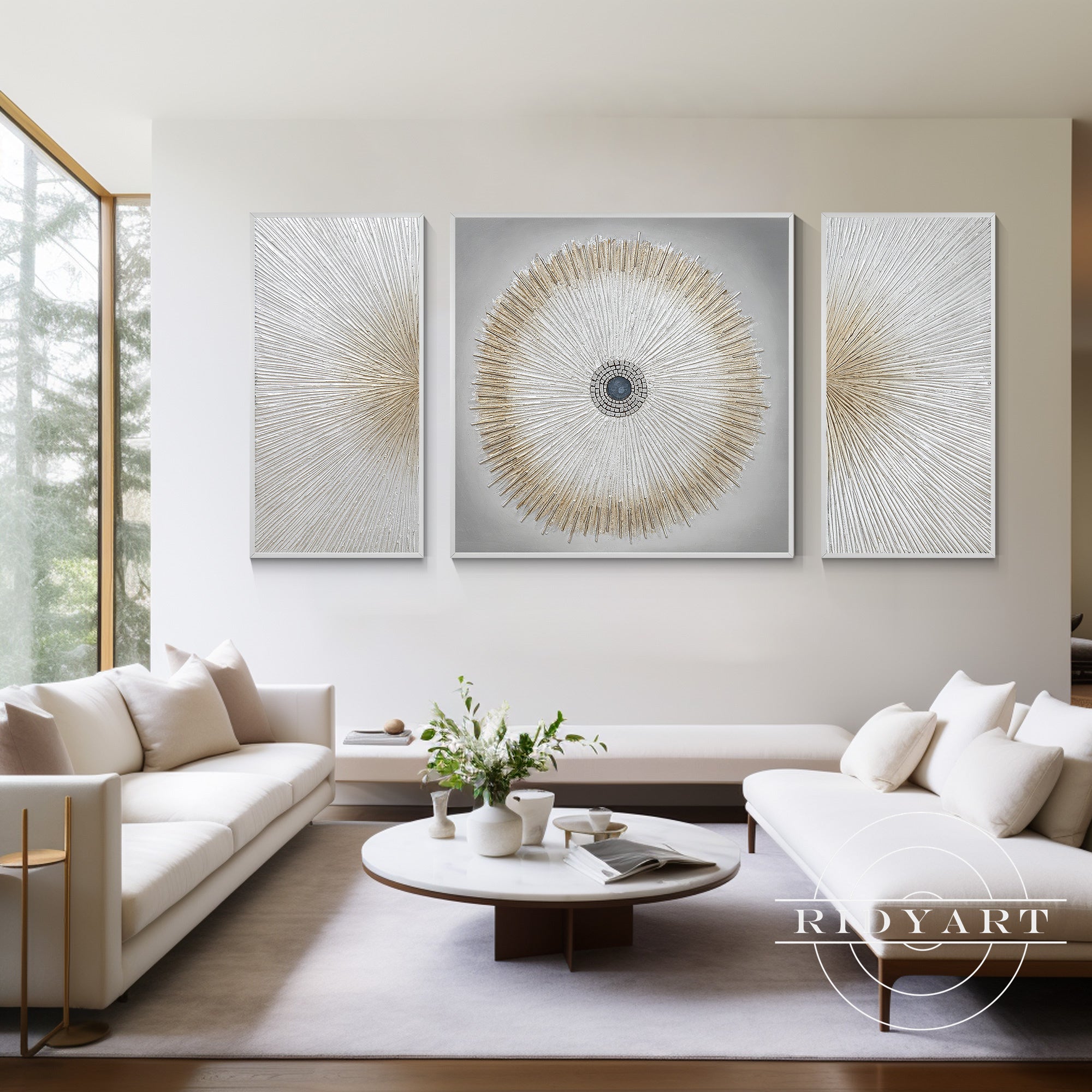 Triptych abstract oil paintings with gold accents