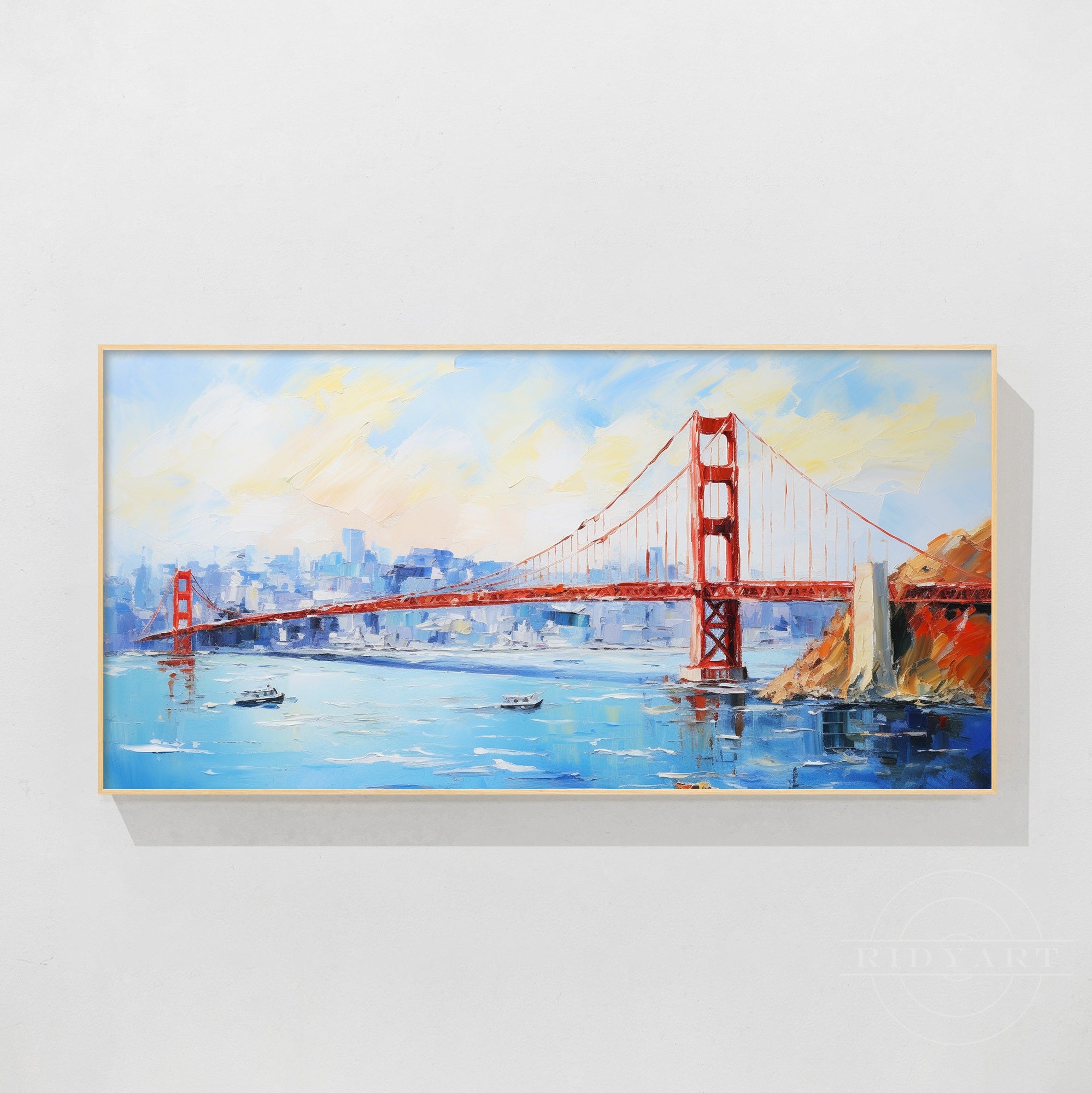 Hand-painted Golden Gate Bridge cityscape on canvas.