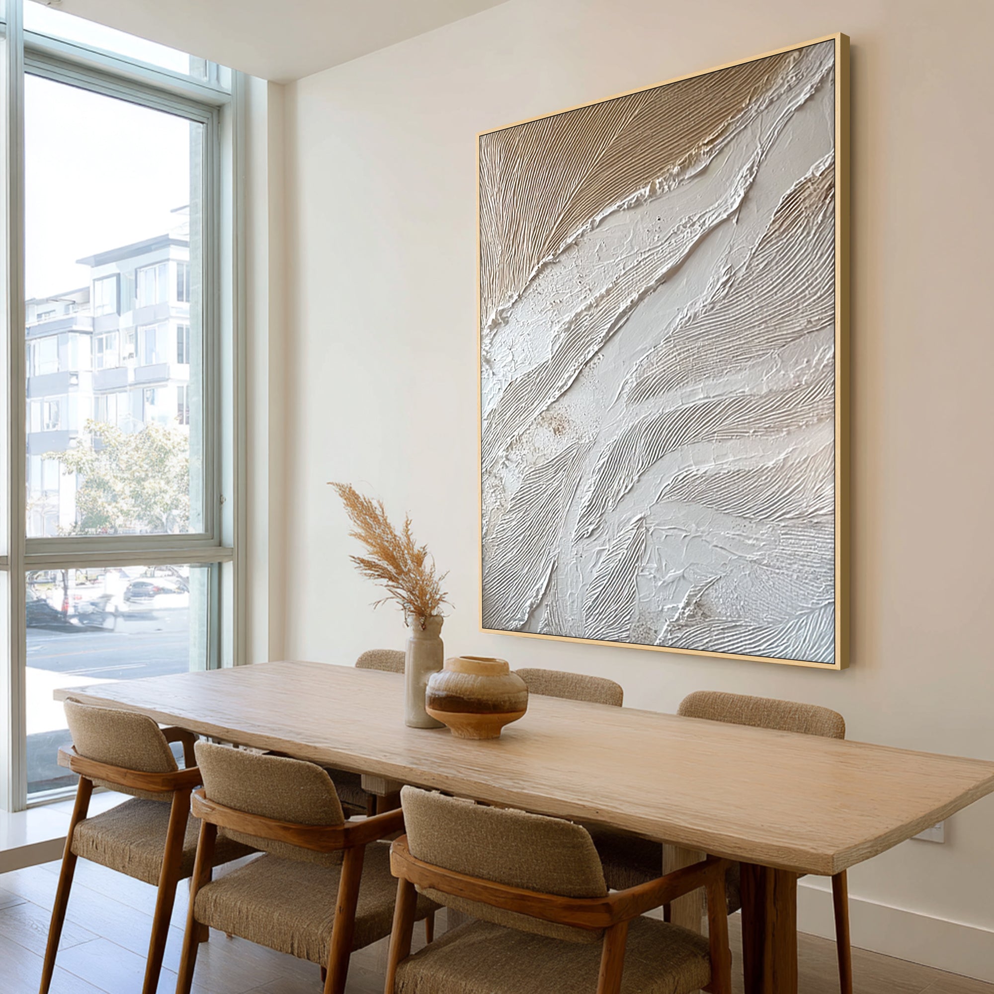 Modern textured canvas art in elegant dining room setting