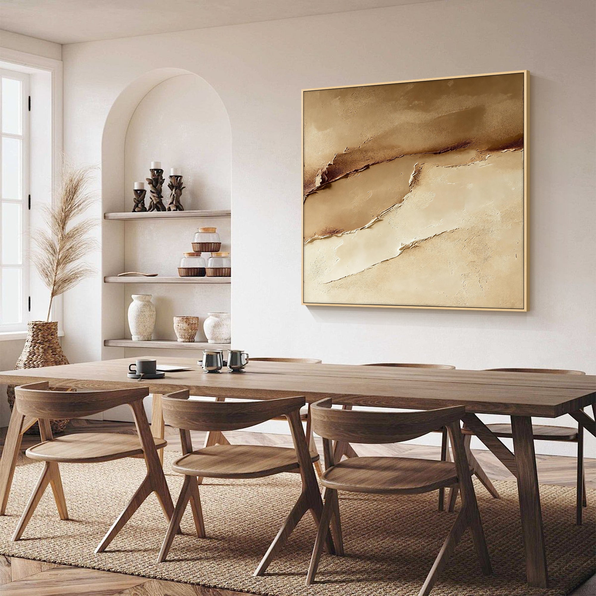 Warm minimalist canvas art displayed in contemporary dining room