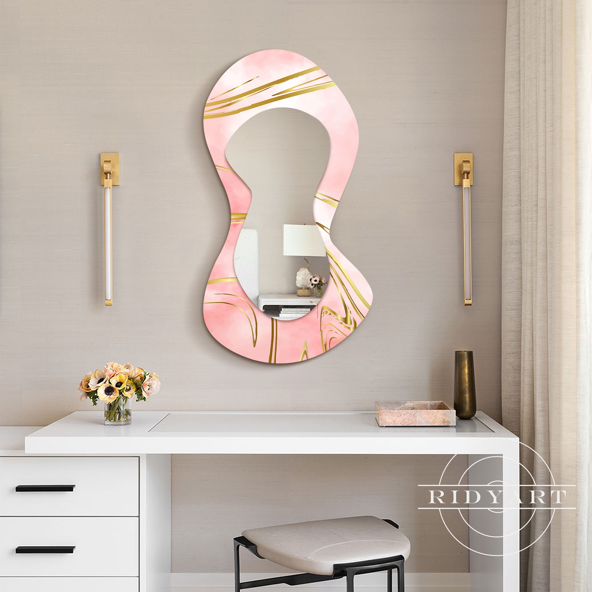 Pink and gold spray-painted shaped 
5.Luxury pink and gold shaped mirror for washstands and decor
